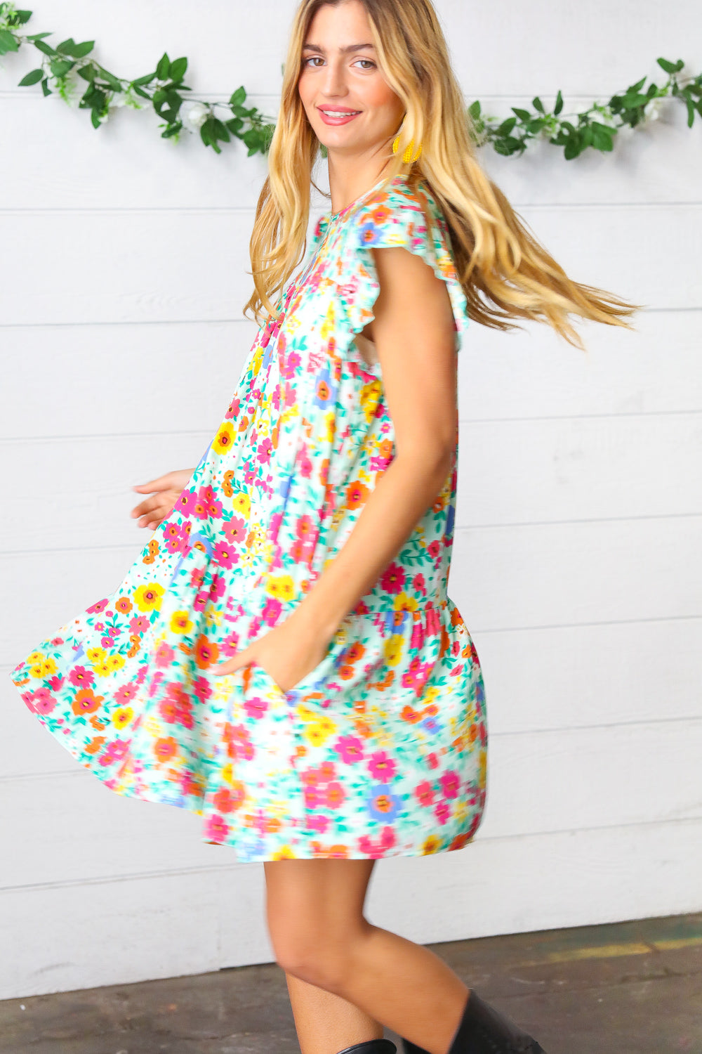 Seafoam Flat Floral Woven Poplin Ruffle Frill Sleeve Dress
