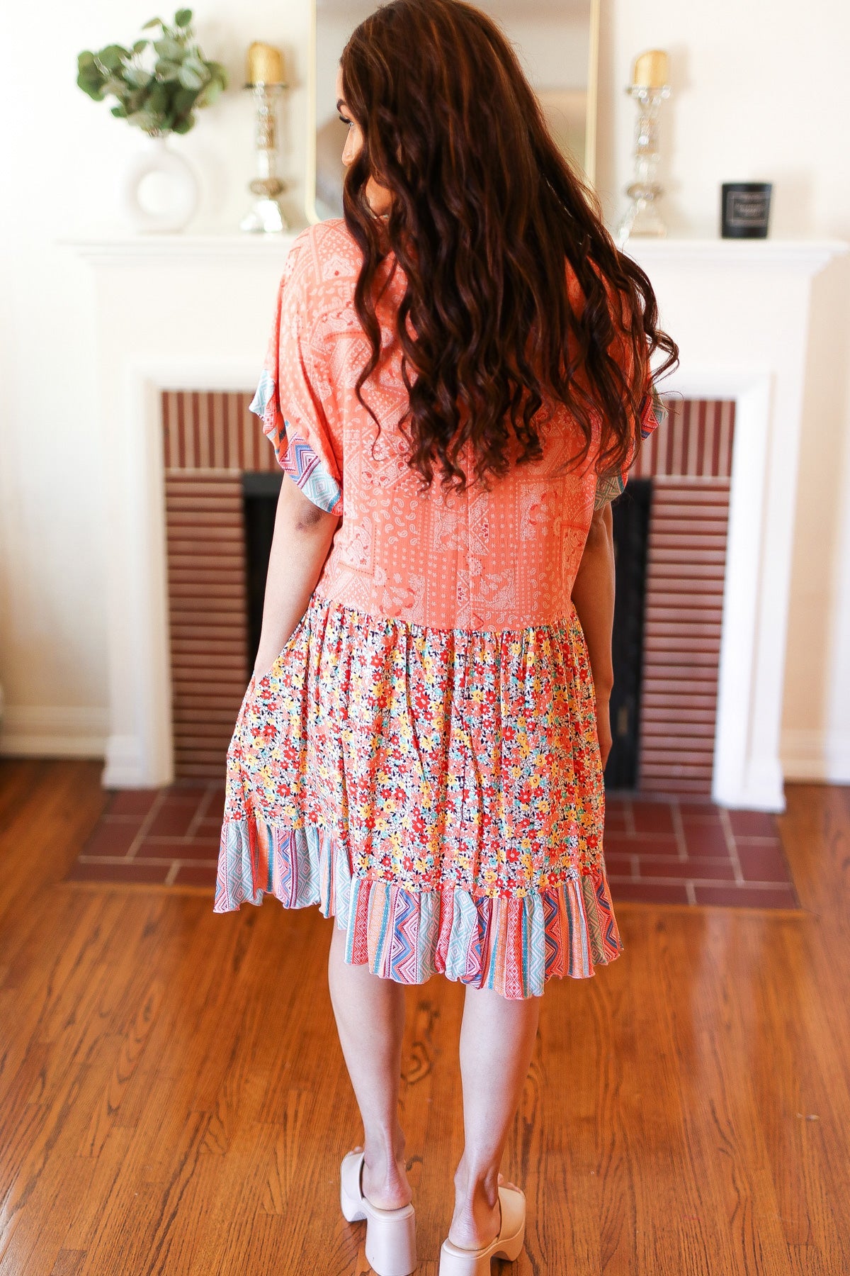 Apricot Boho Flower Colorblock V Neck Dress
