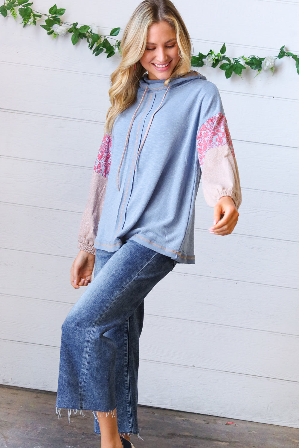Blue Color Block Turtleneck Color Block Top