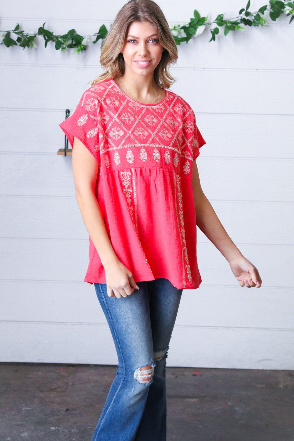 Coral Boho Embroidered Dolman Top