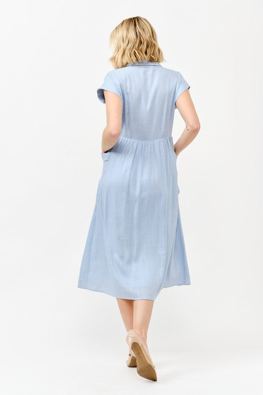 Everyday Chic Denim Blue Button-Down Collared Swing Dress