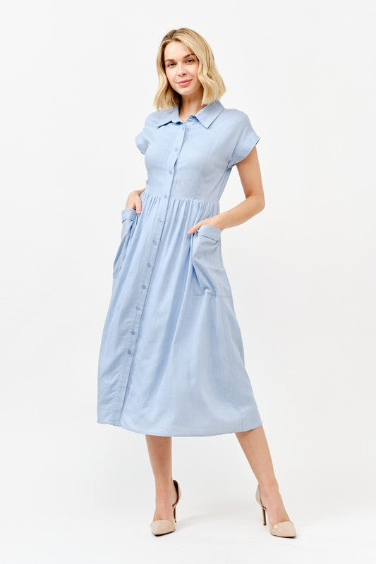Everyday Chic Denim Blue Button-Down Collared Swing Dress
