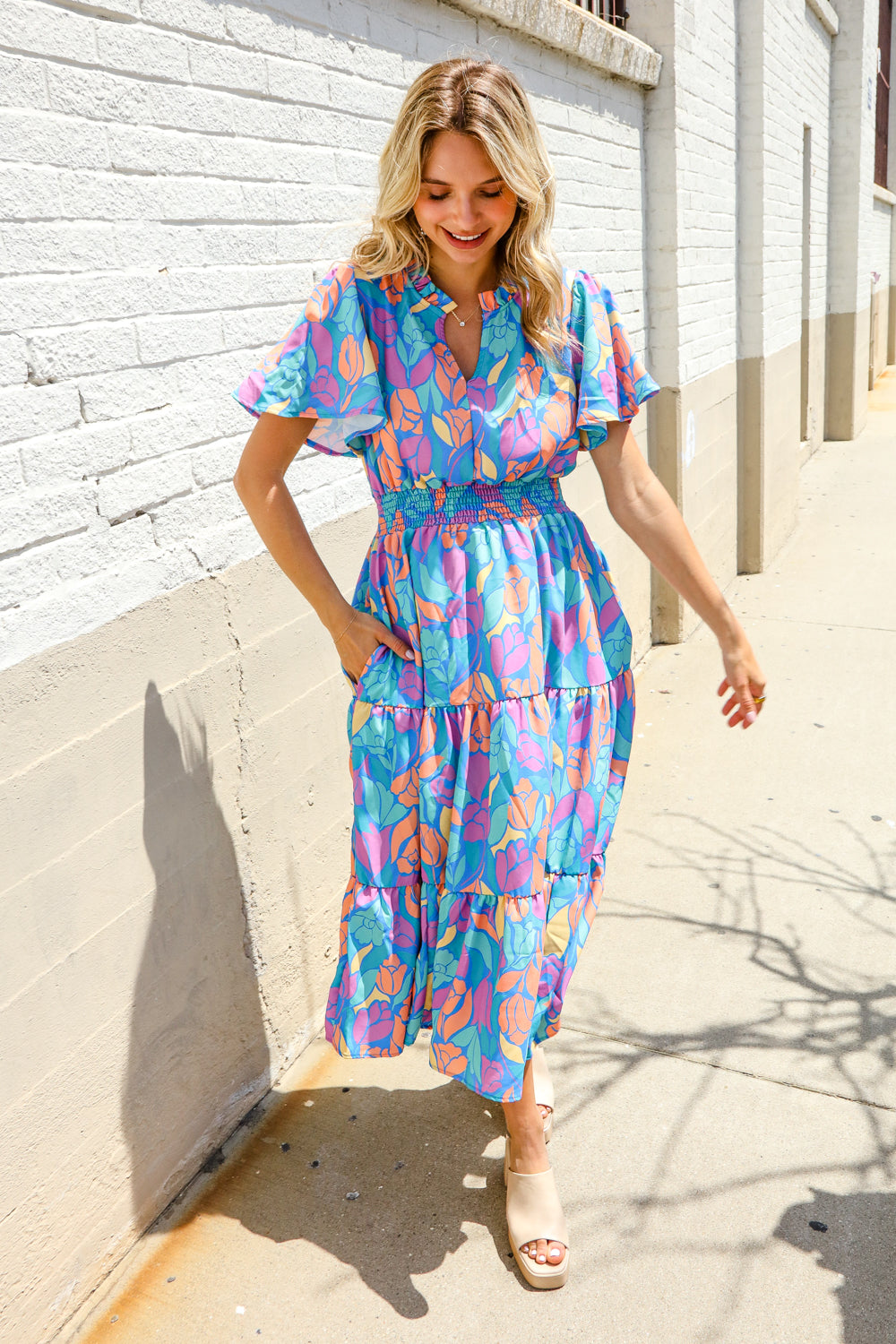 Can't Say No Blue Tropical Floral Frill Notch Neck Bubble Sleeve Dress