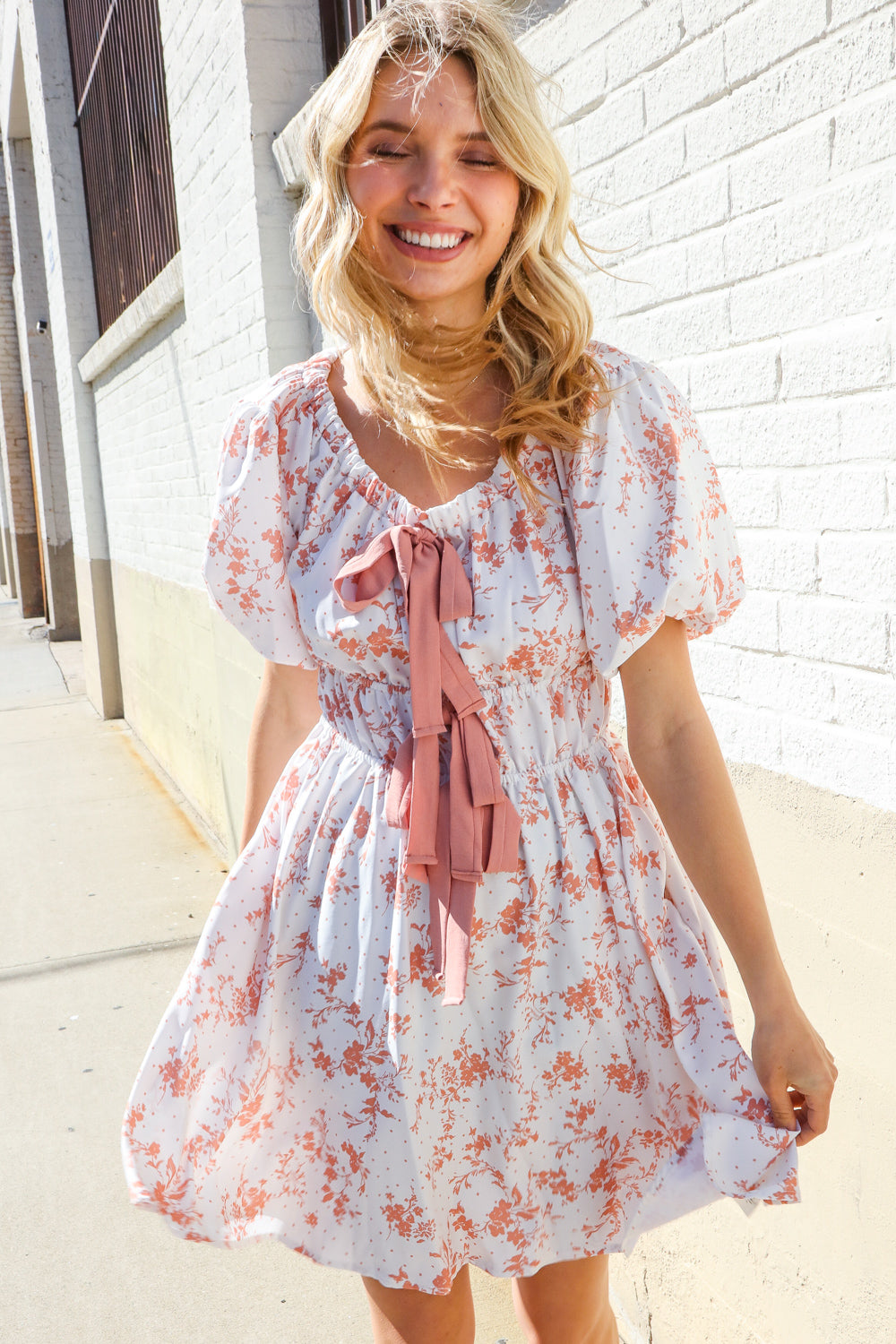 Dazzle In Ivory/Peach Ribbon Tie Scoop Neck Tiered Waist Floral Dress