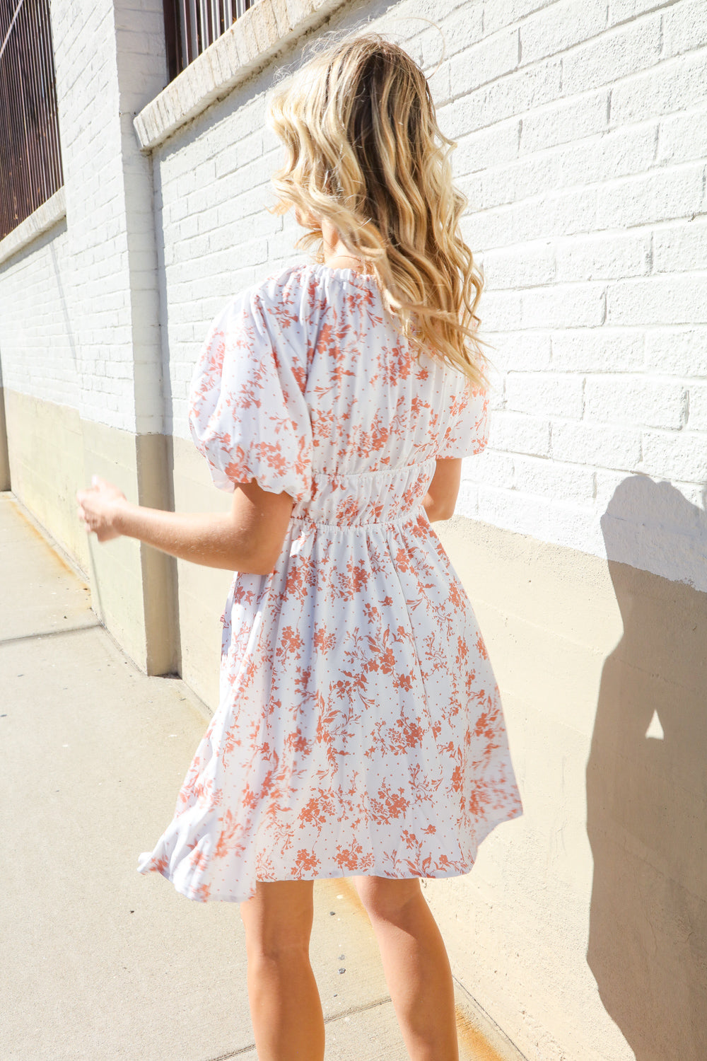 Dazzle In Ivory/Peach Ribbon Tie Scoop Neck Tiered Waist Floral Dress
