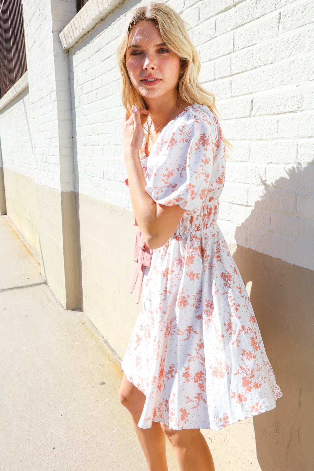 Dazzle In Ivory/Peach Ribbon Tie Scoop Neck Tiered Waist Floral Dress