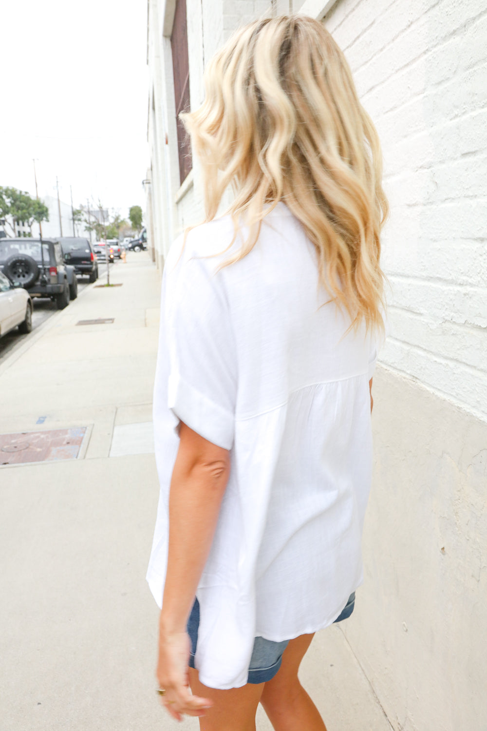 Casual Chic White Linen Notch Neck Dolman Short Sleeve Top