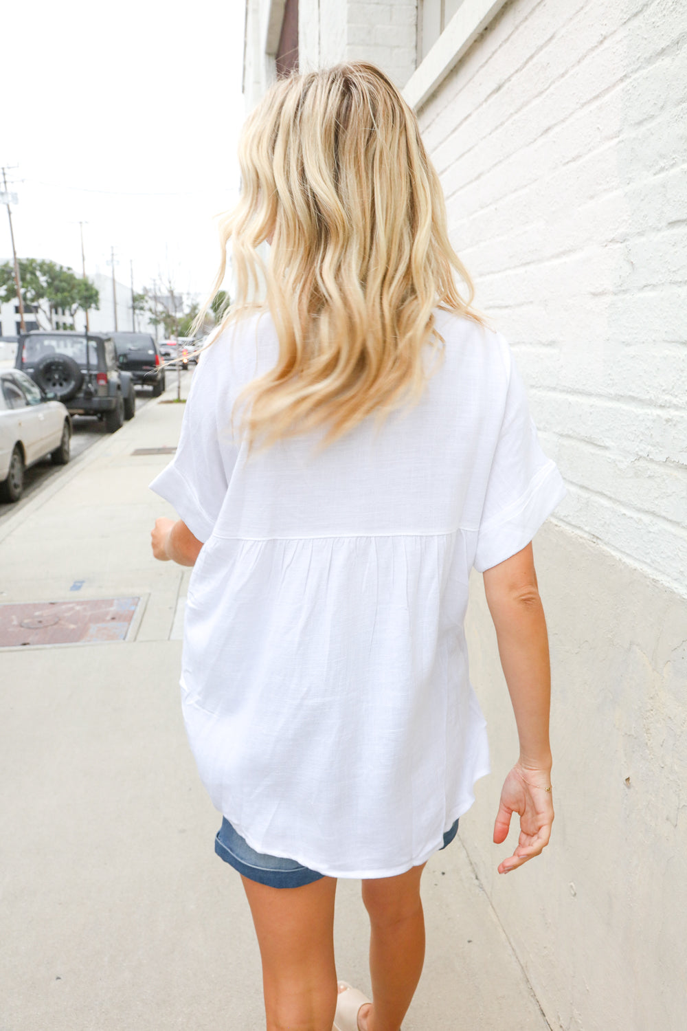 Casual Chic White Linen Notch Neck Dolman Short Sleeve Top