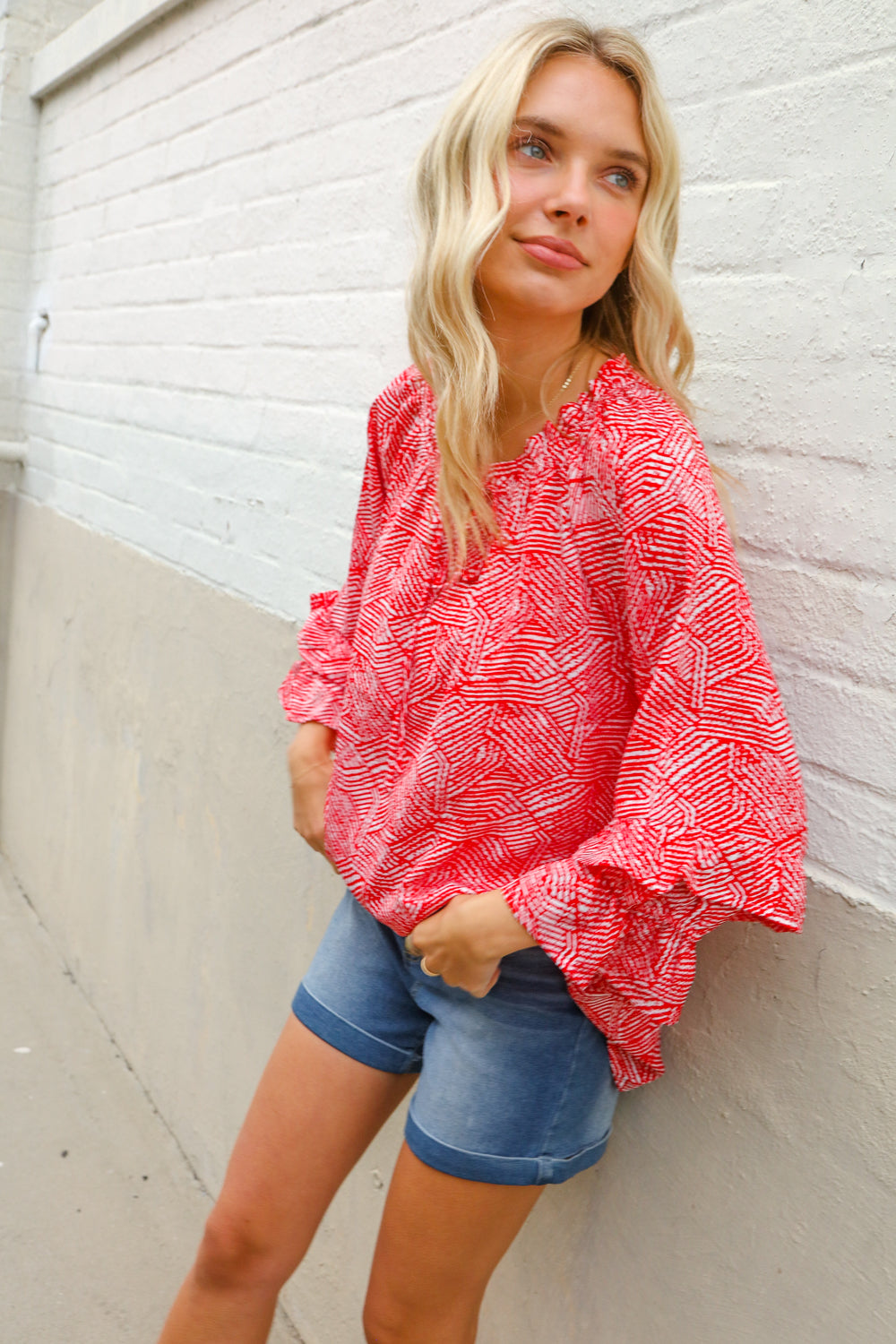 Diva Dreams Red Abstract Print Double Ruffle Sleeve Tie Blouse