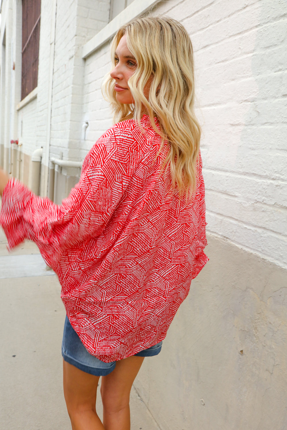 Diva Dreams Red Abstract Print Double Ruffle Sleeve Tie Blouse
