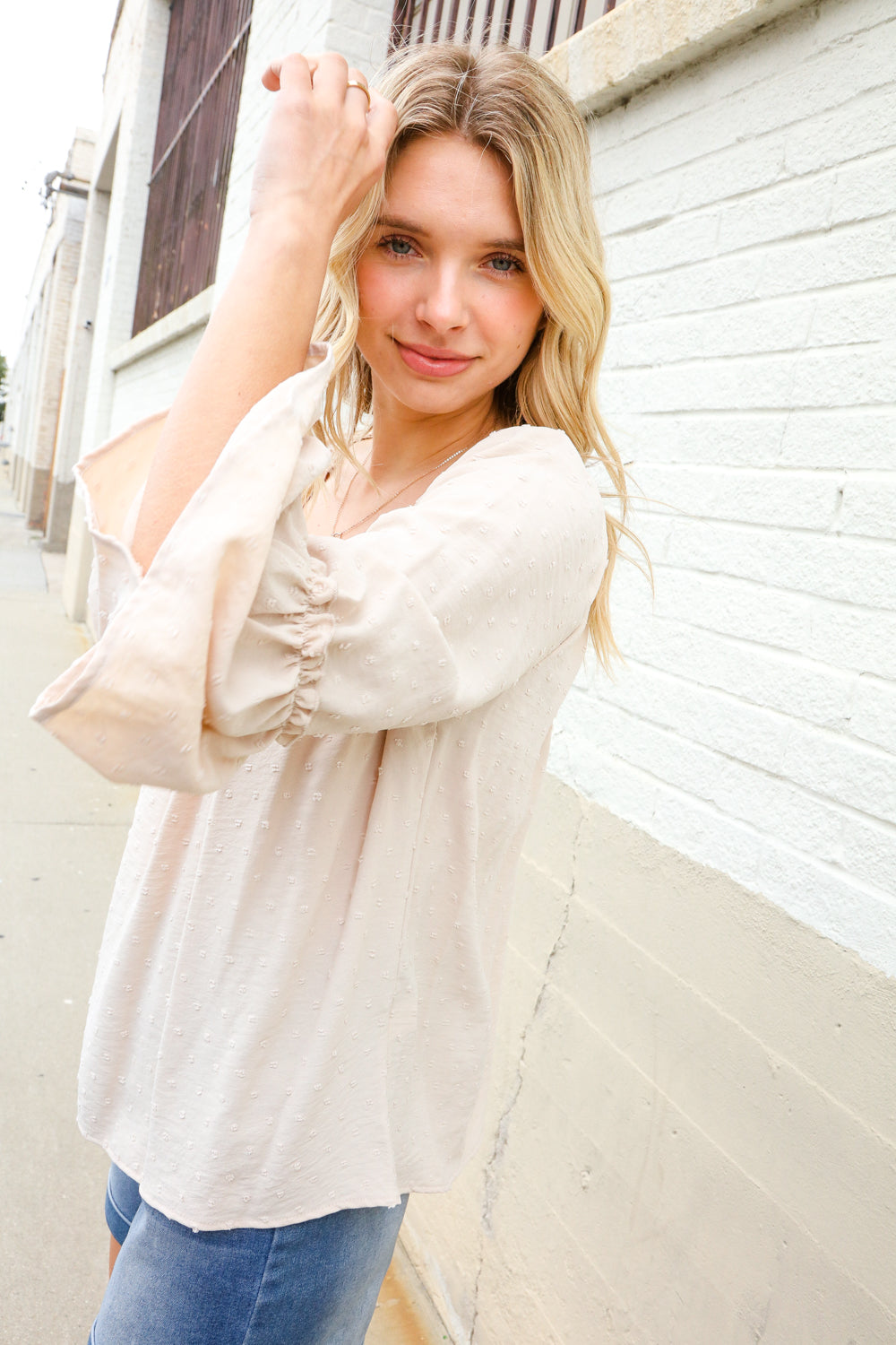 Boho Beautiful Beige Elastic Neck 3/4 Ruffle Sleeve Peasant Top