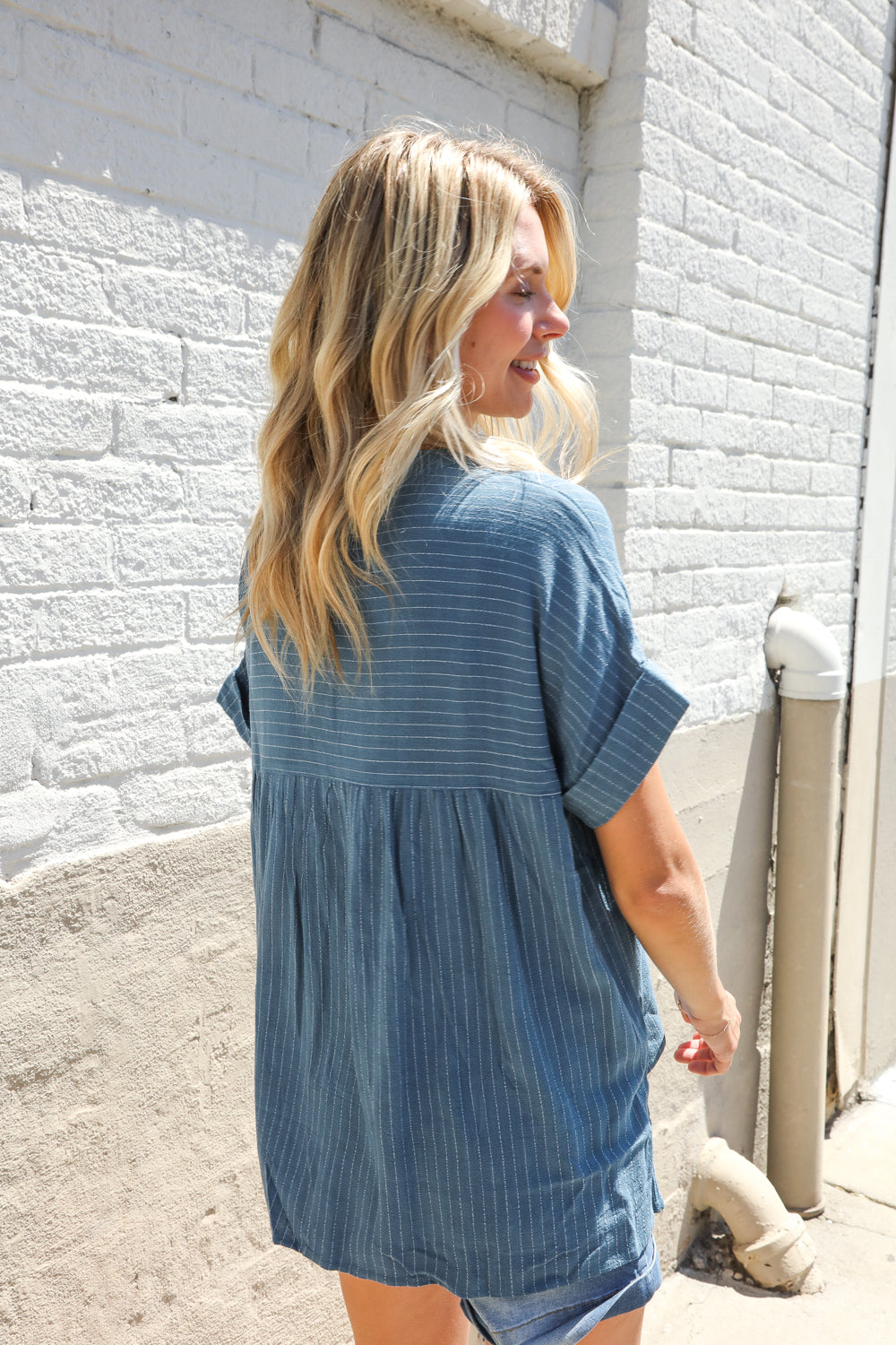 Everyday Dark Teal Linen Pen Stripe Notch Neck Dolman Sleeve Top