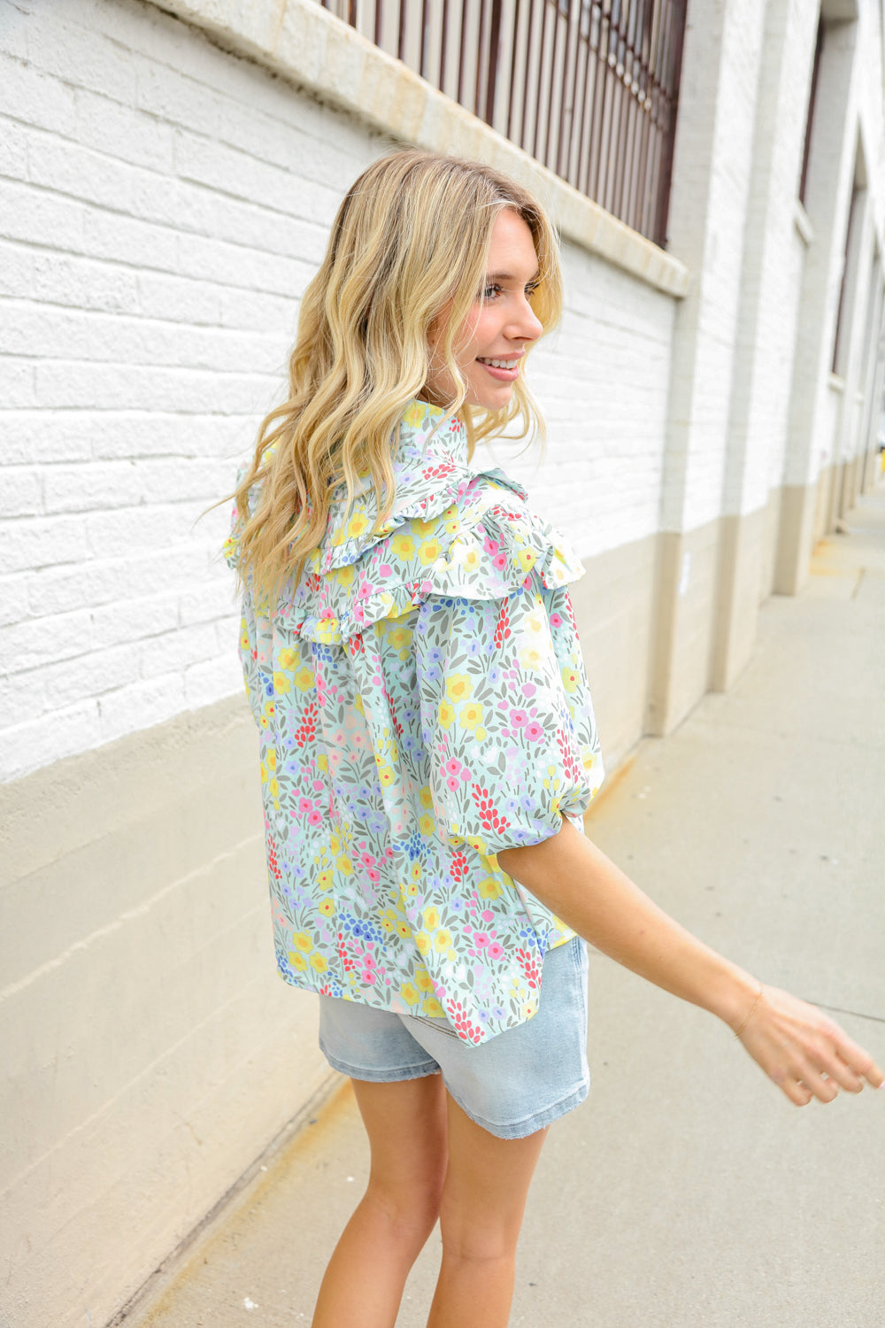 Spring Vibes Mint Notch Neck Ruffle & Puff Sleeve Top