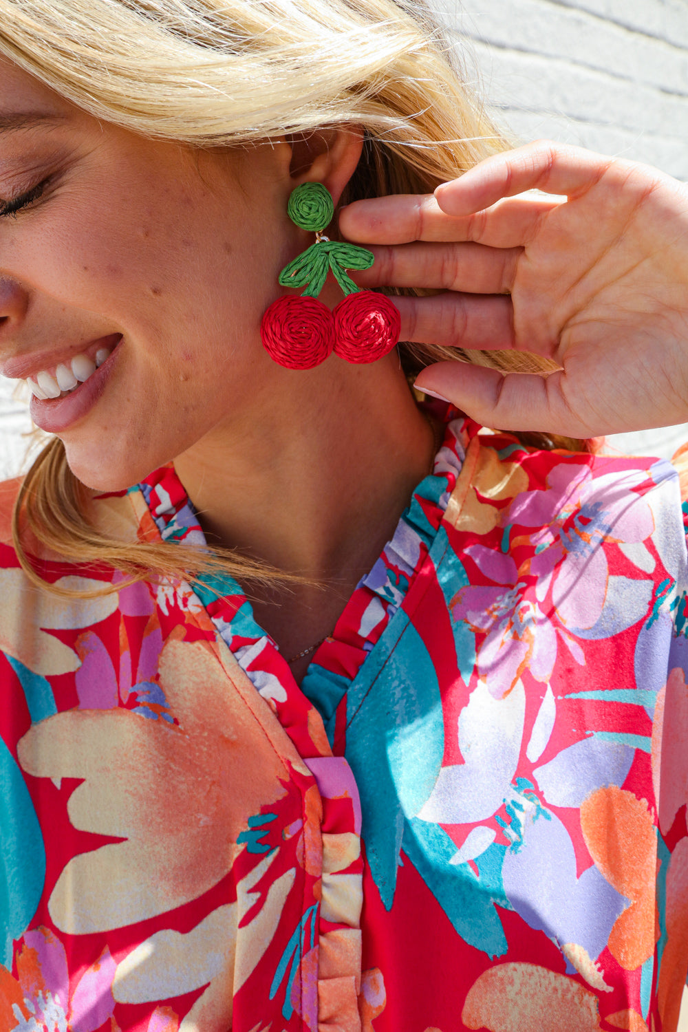Red Cherry Woven Rattan Dangle Earrings