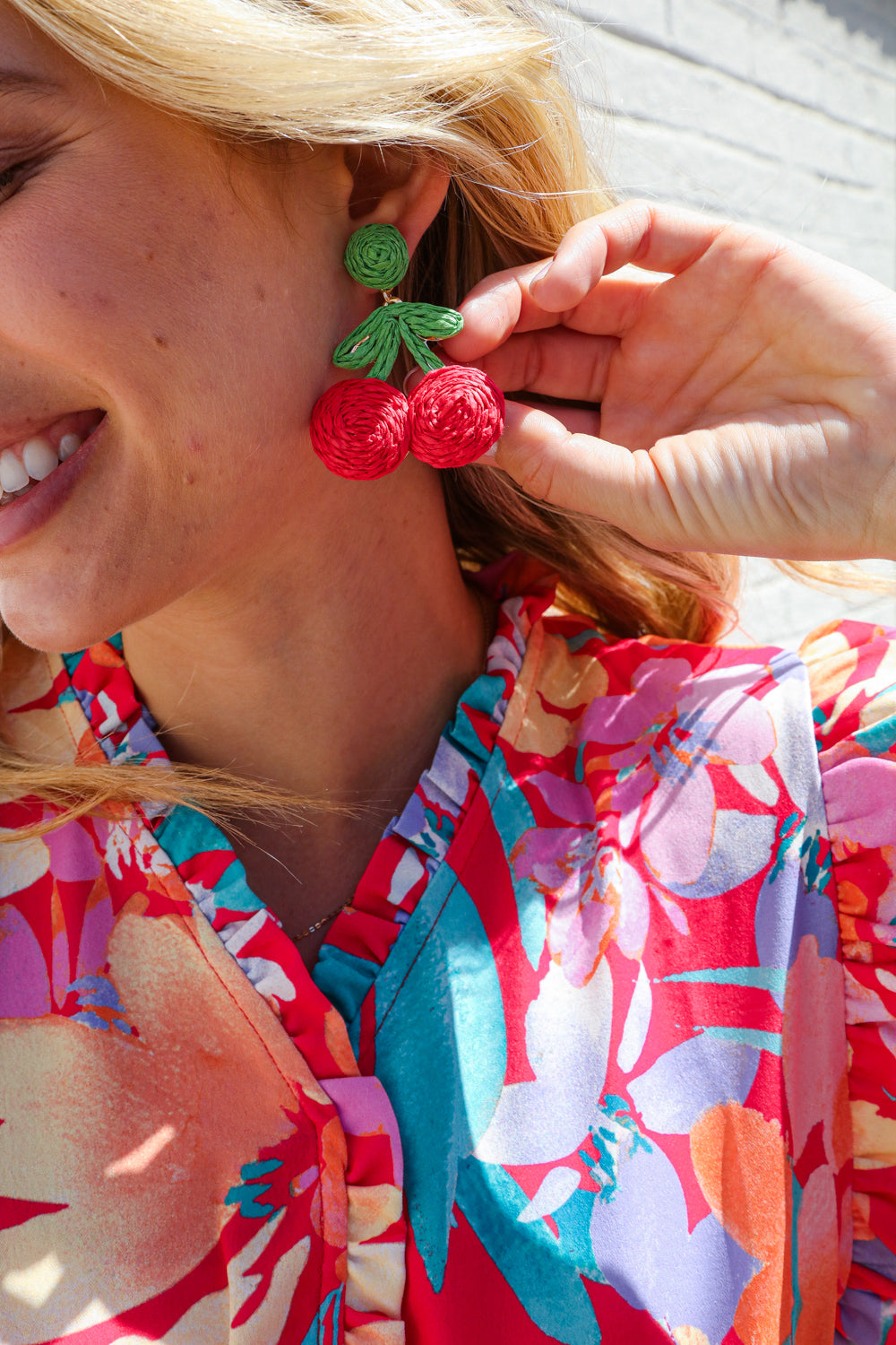 Red Cherry Woven Rattan Dangle Earrings