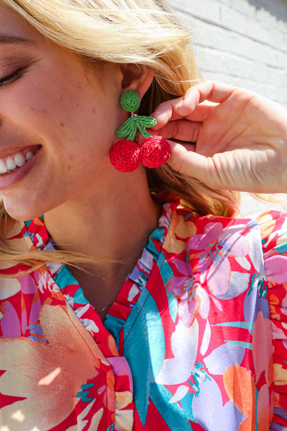 Red Cherry Woven Rattan Dangle Earrings
