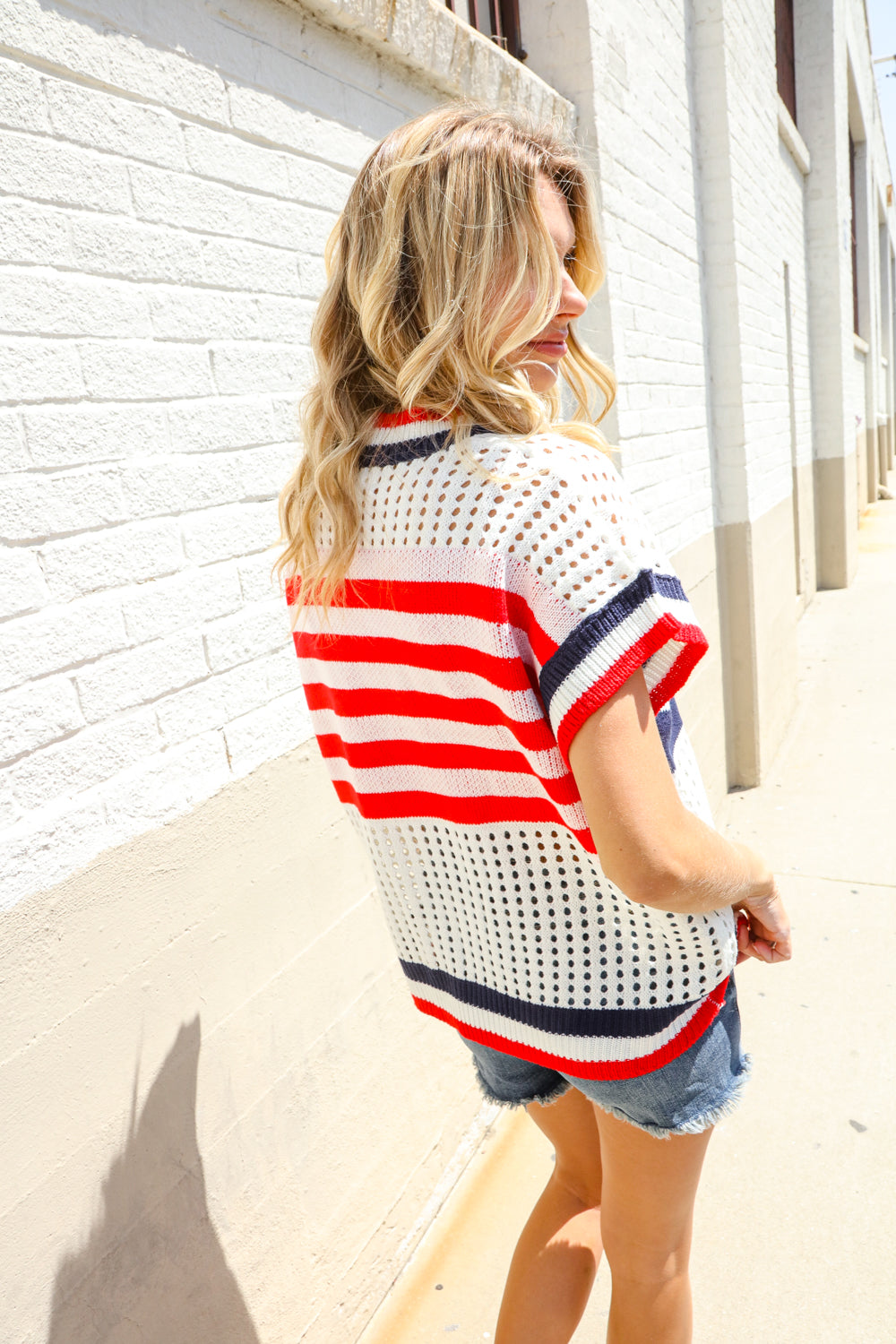 Stars & Stripe Dolman Sleeve Netted Sweater Top