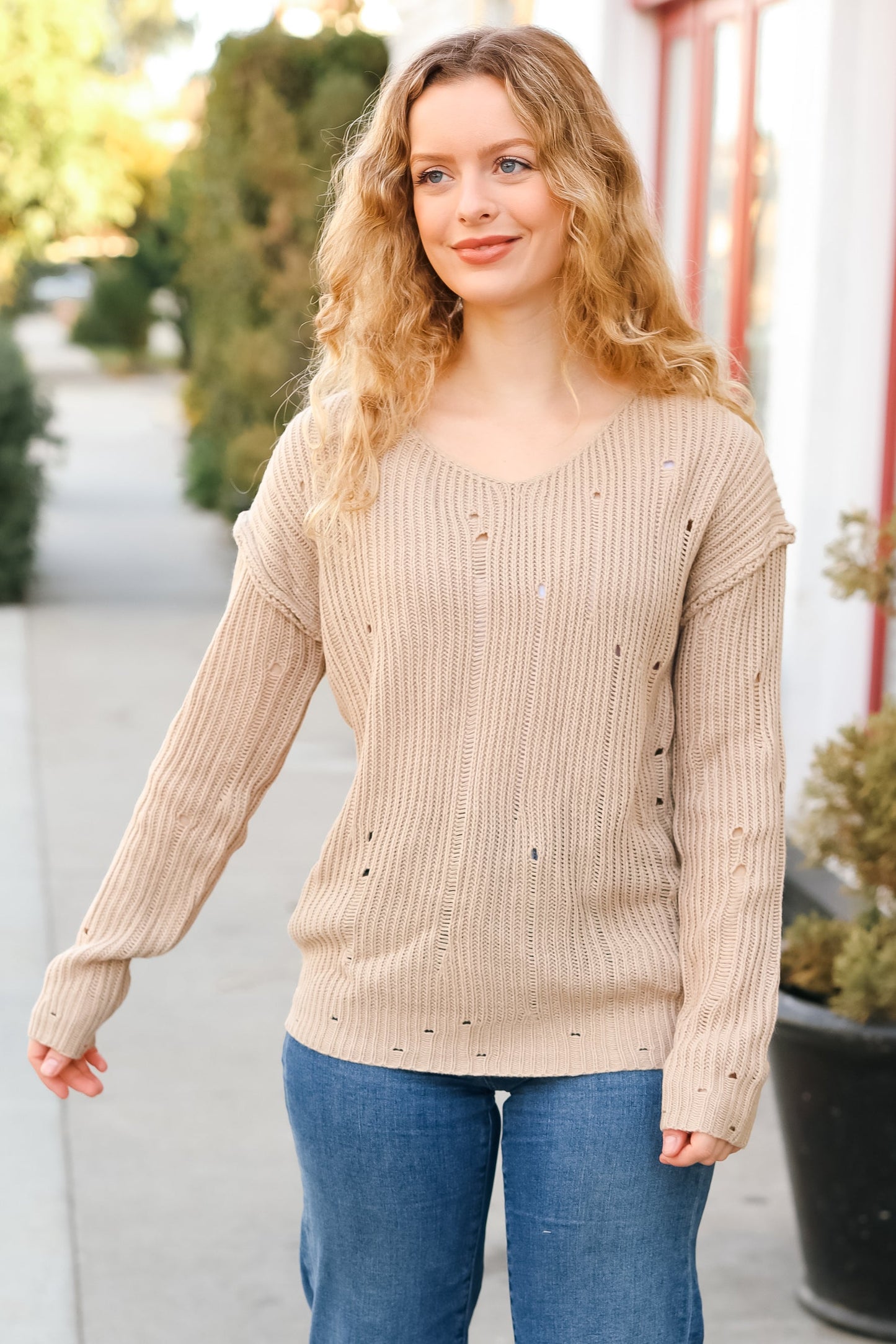 The Slouchy Taupe Distressed V Neck Sweater