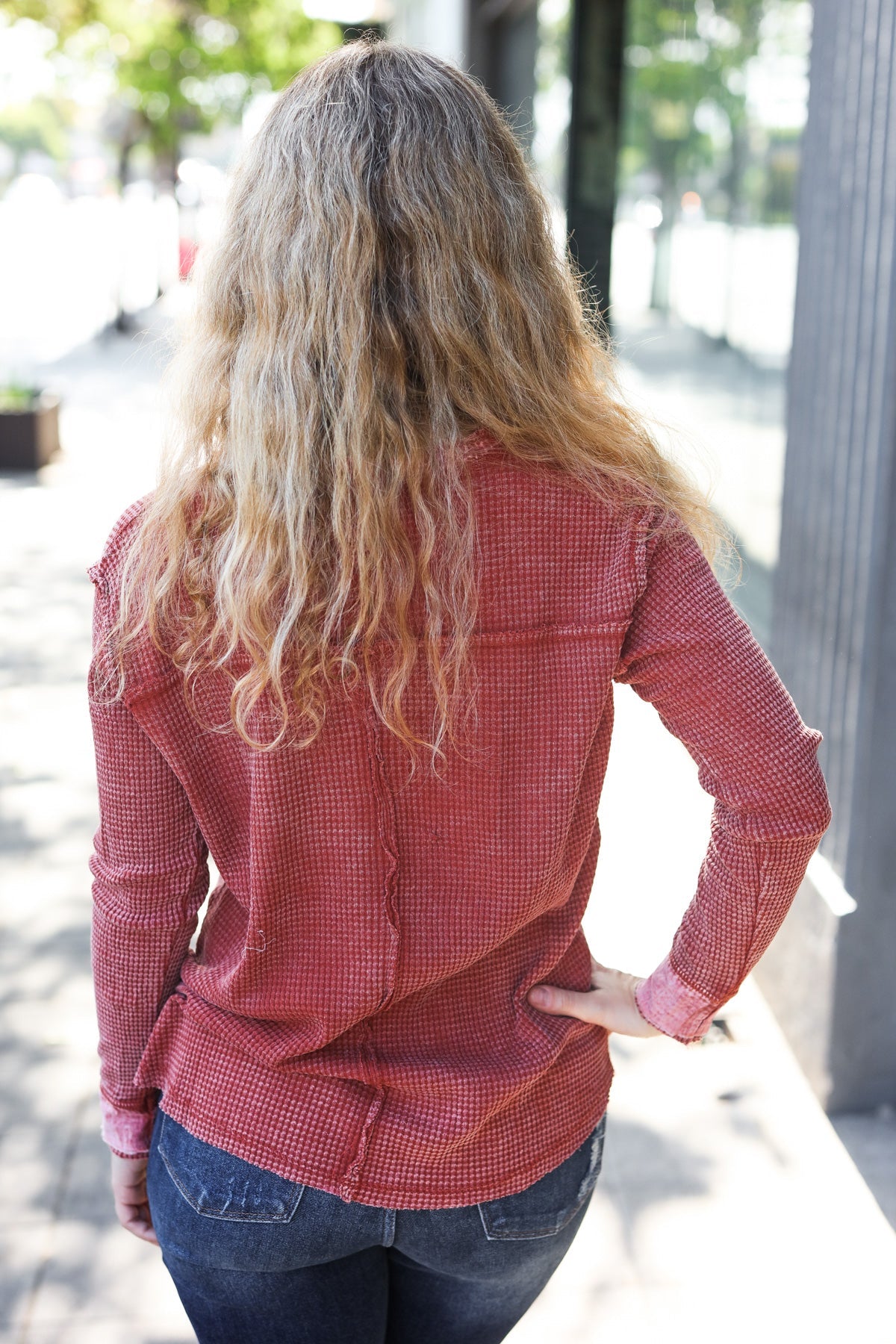 Rust Washed Baby Waffle Henley Top