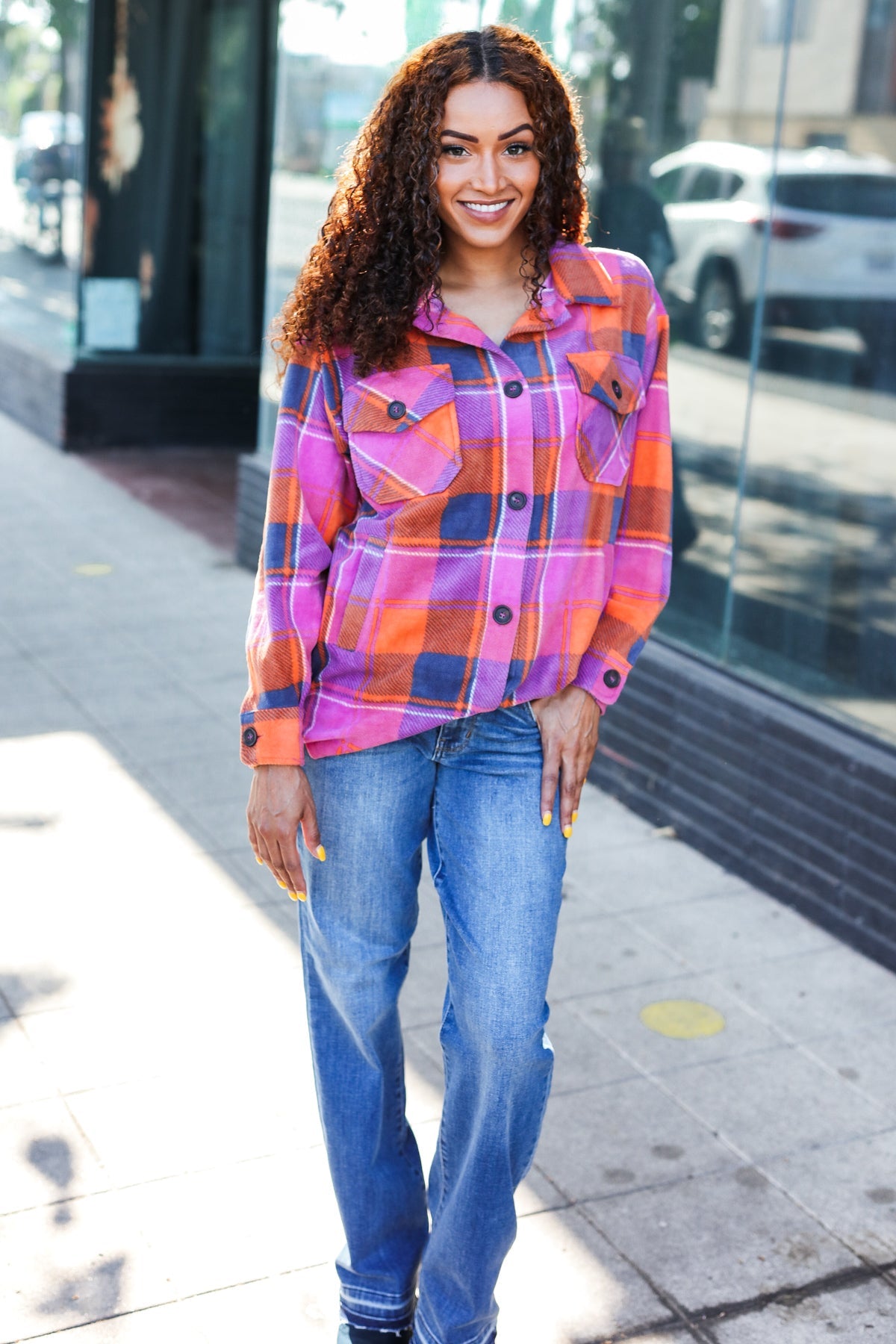 Stand Out Magenta & Orange Plaid Fleece Collared Shacket