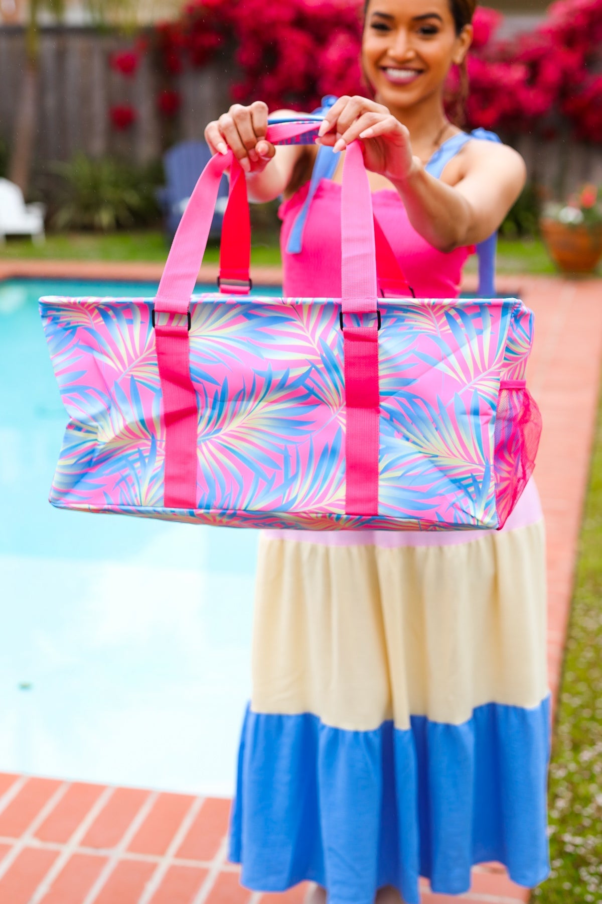 Pink & Blue Tropical Print Collapsible Canvas Strap Tote