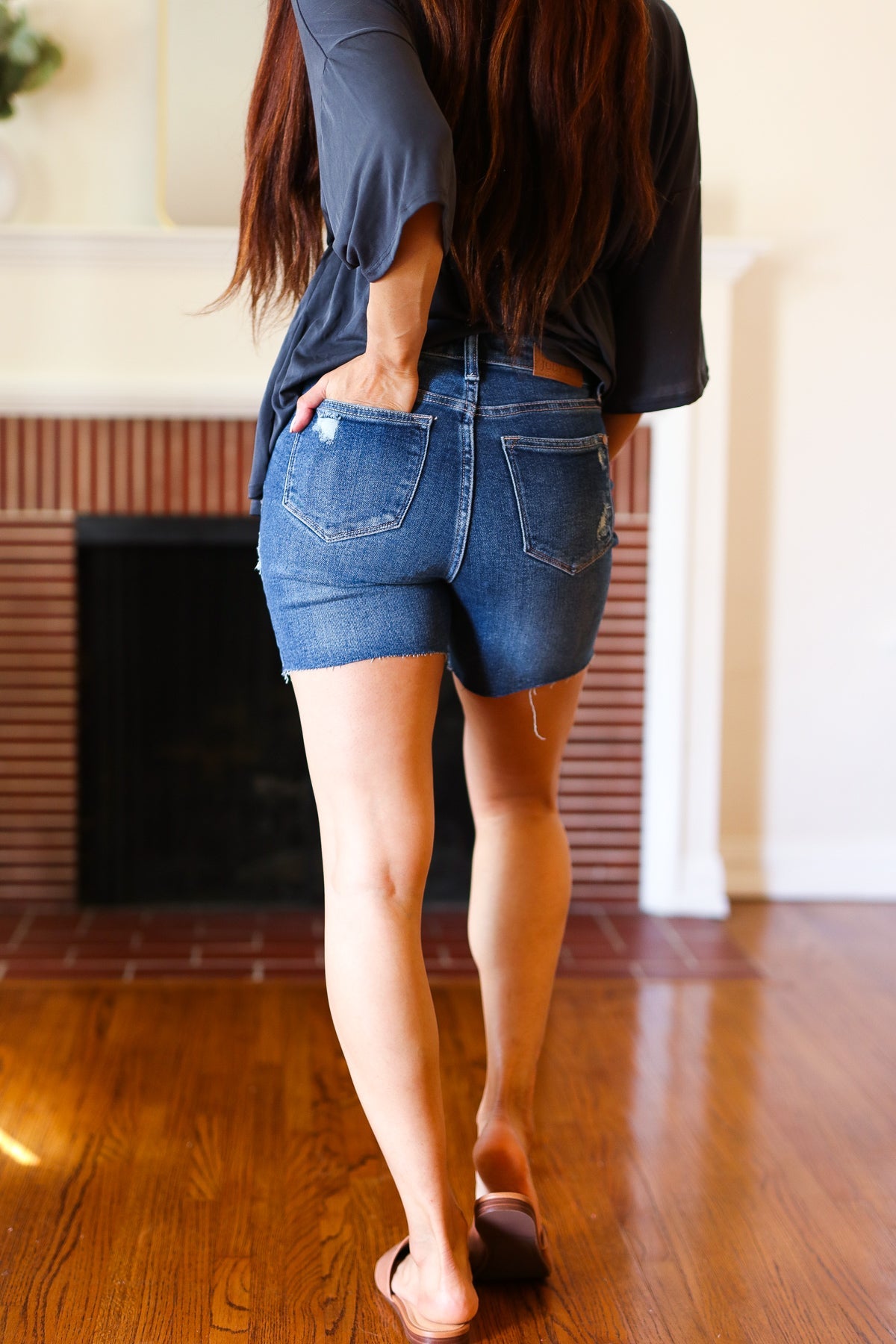 Judy Blue Dark Denim High Rise Cut Off Distressed Shorts