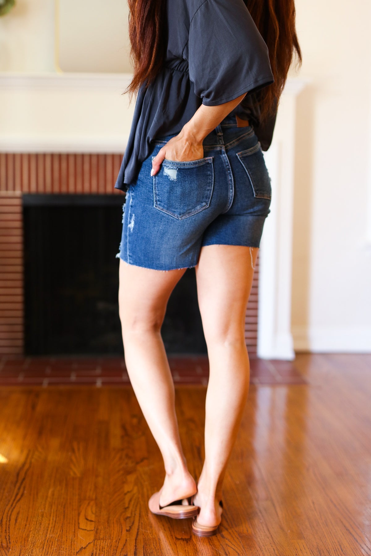 Judy Blue Dark Denim High Rise Cut Off Distressed Shorts