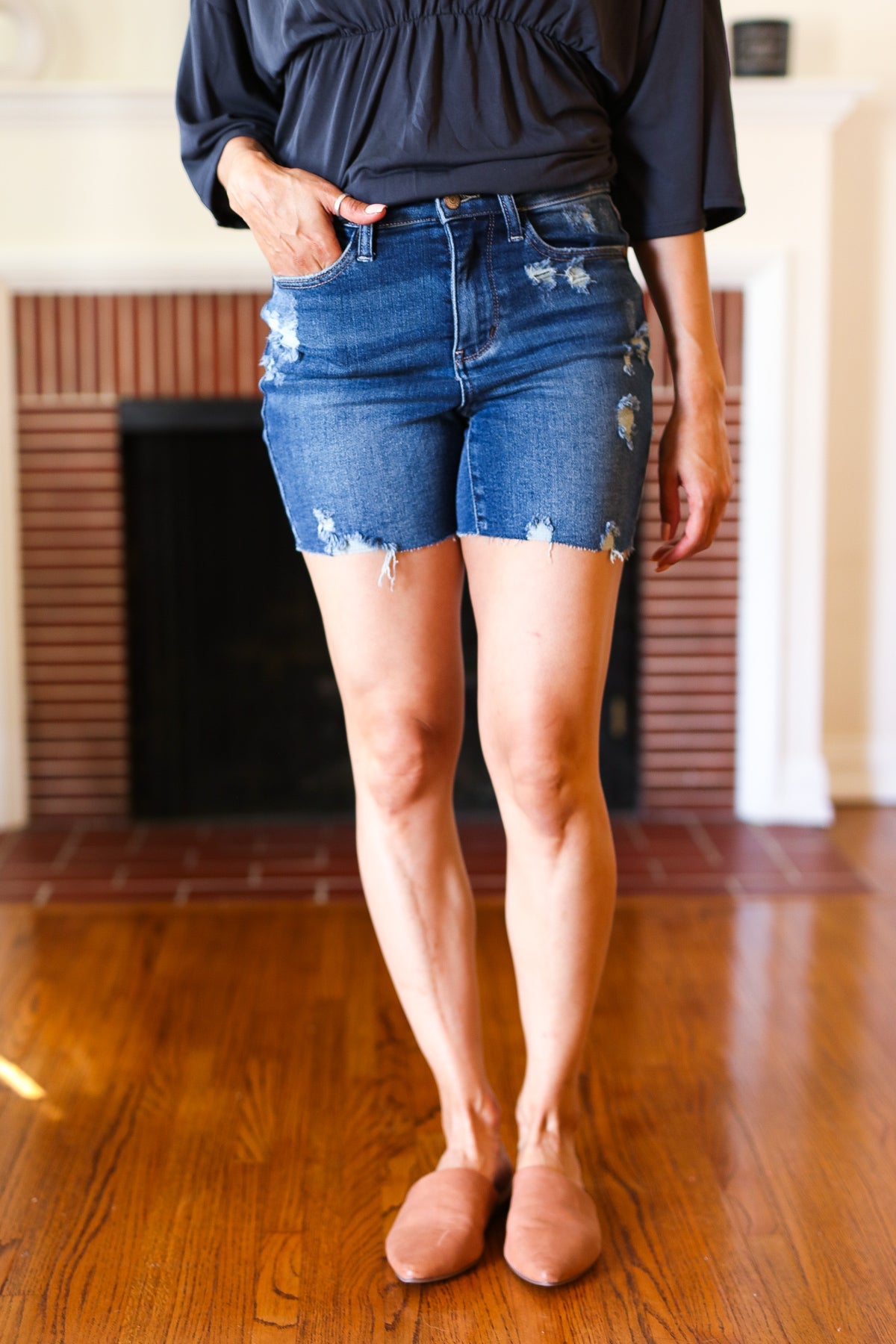 Judy Blue Dark Denim High Rise Cut Off Distressed Shorts