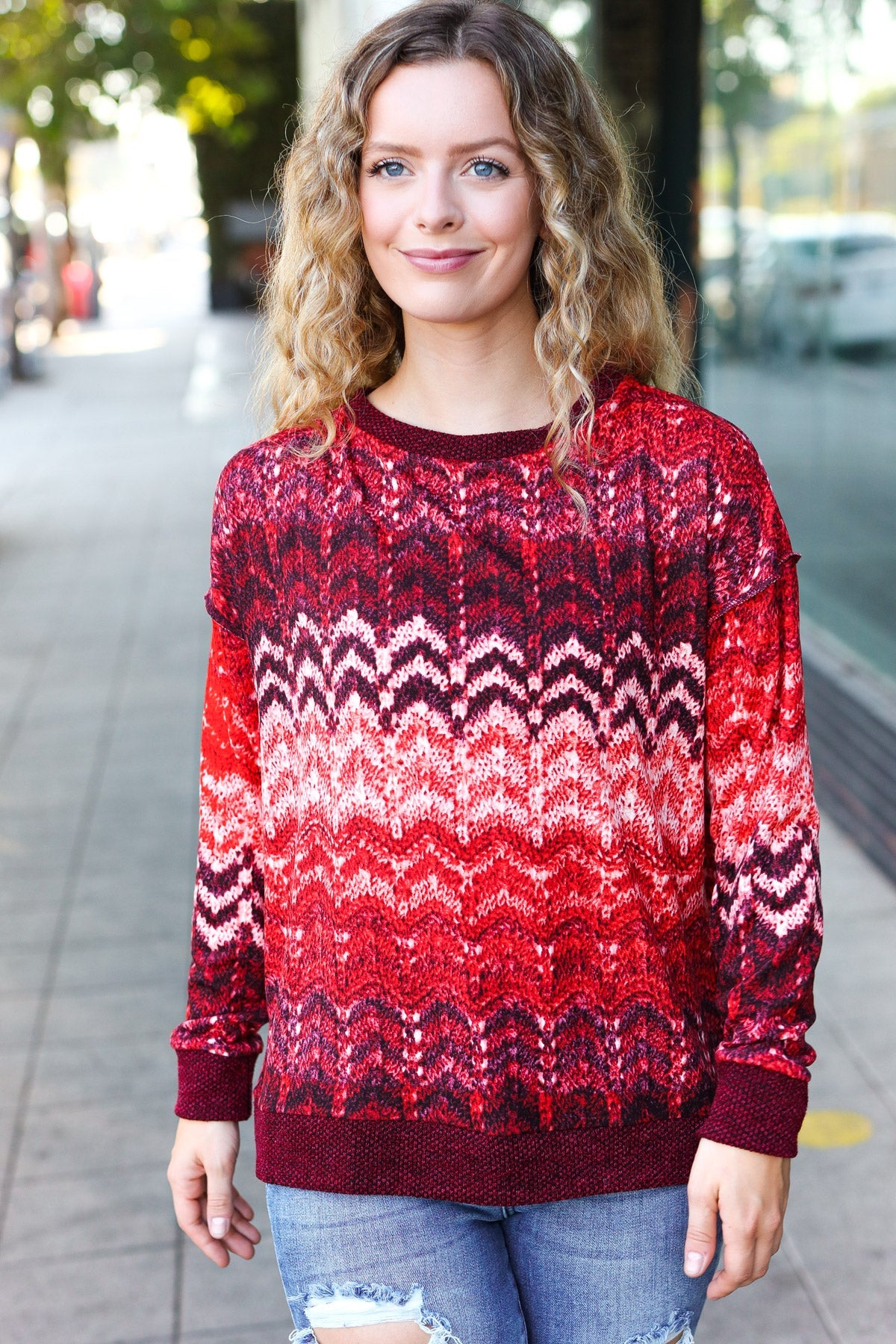 Holiday Vibes Wine Cable Knit Print Hacci Knit Sweater