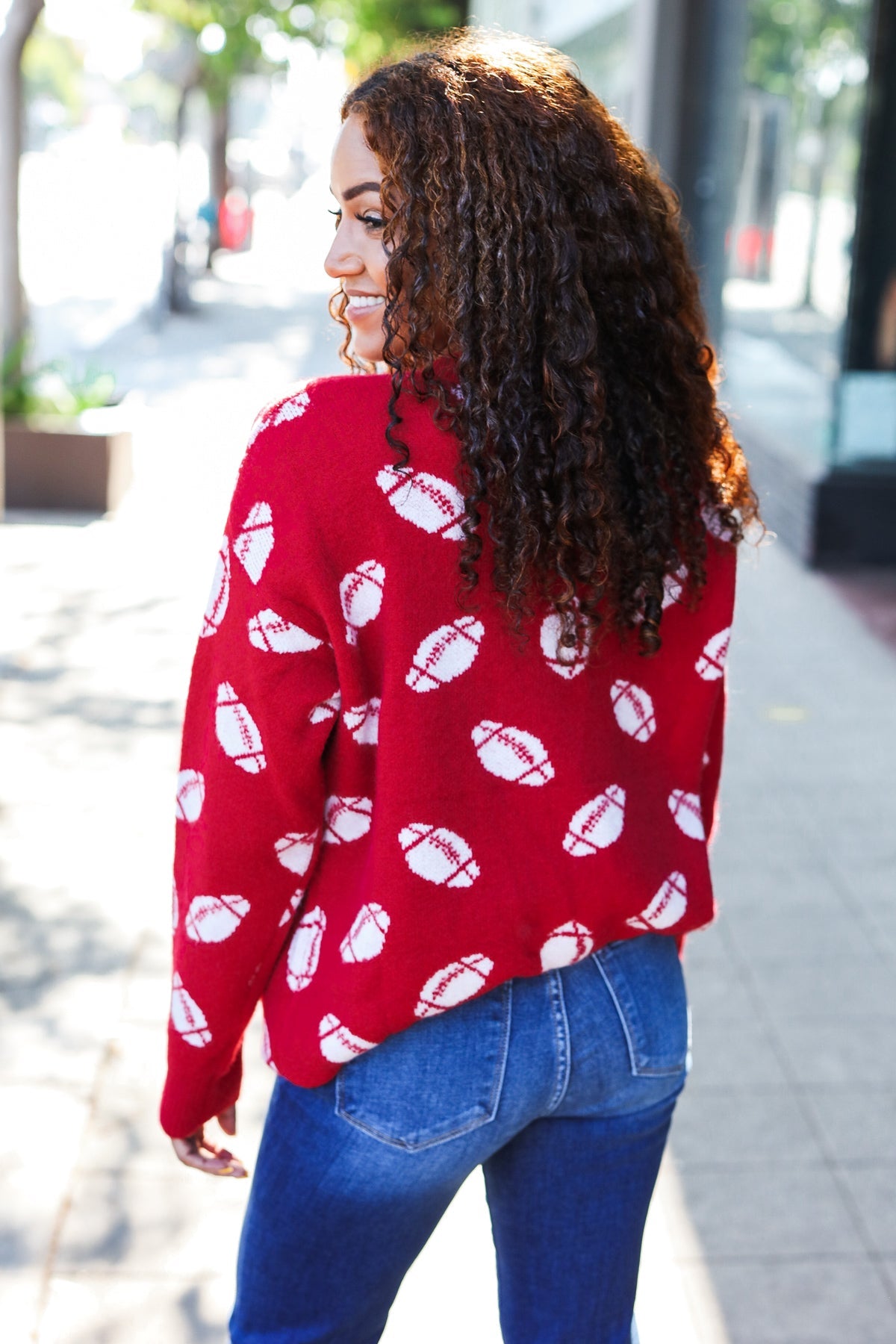 Game Day Red Football Print Jacquard Knit Sweater