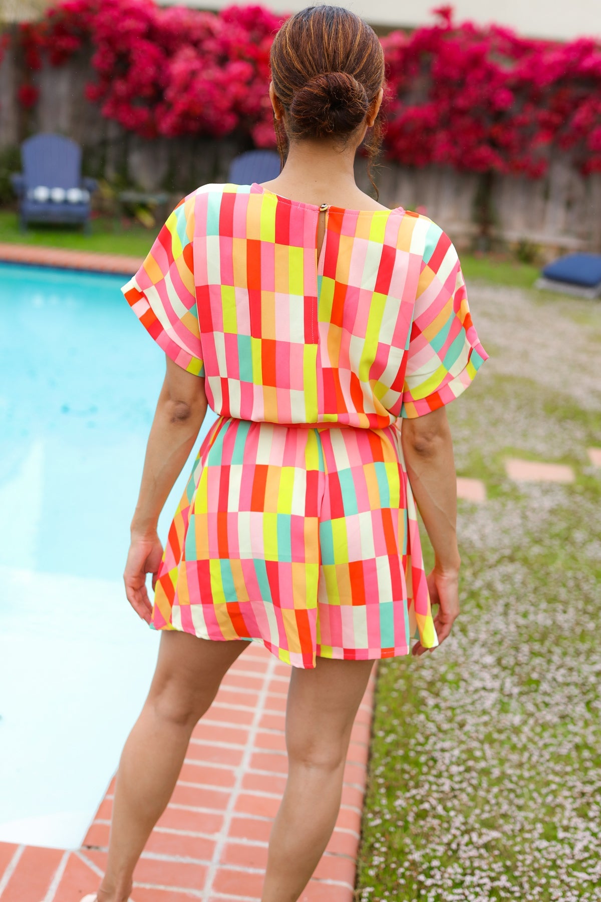 Eyes On You Coral & Yellow Geo Abstract Surplice Woven Romper