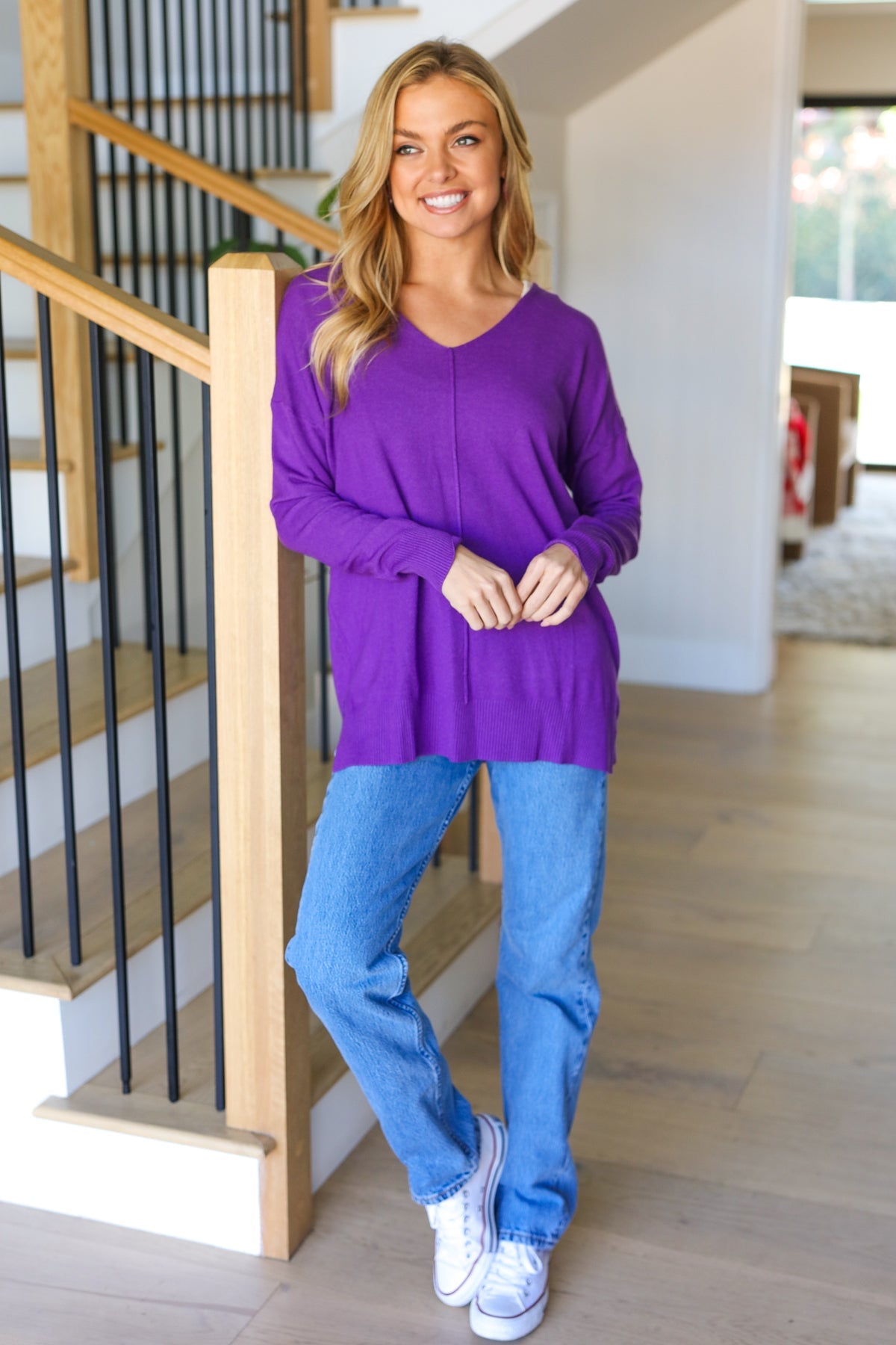 Just Feels Right Purple Front Seam V Neck Sweater