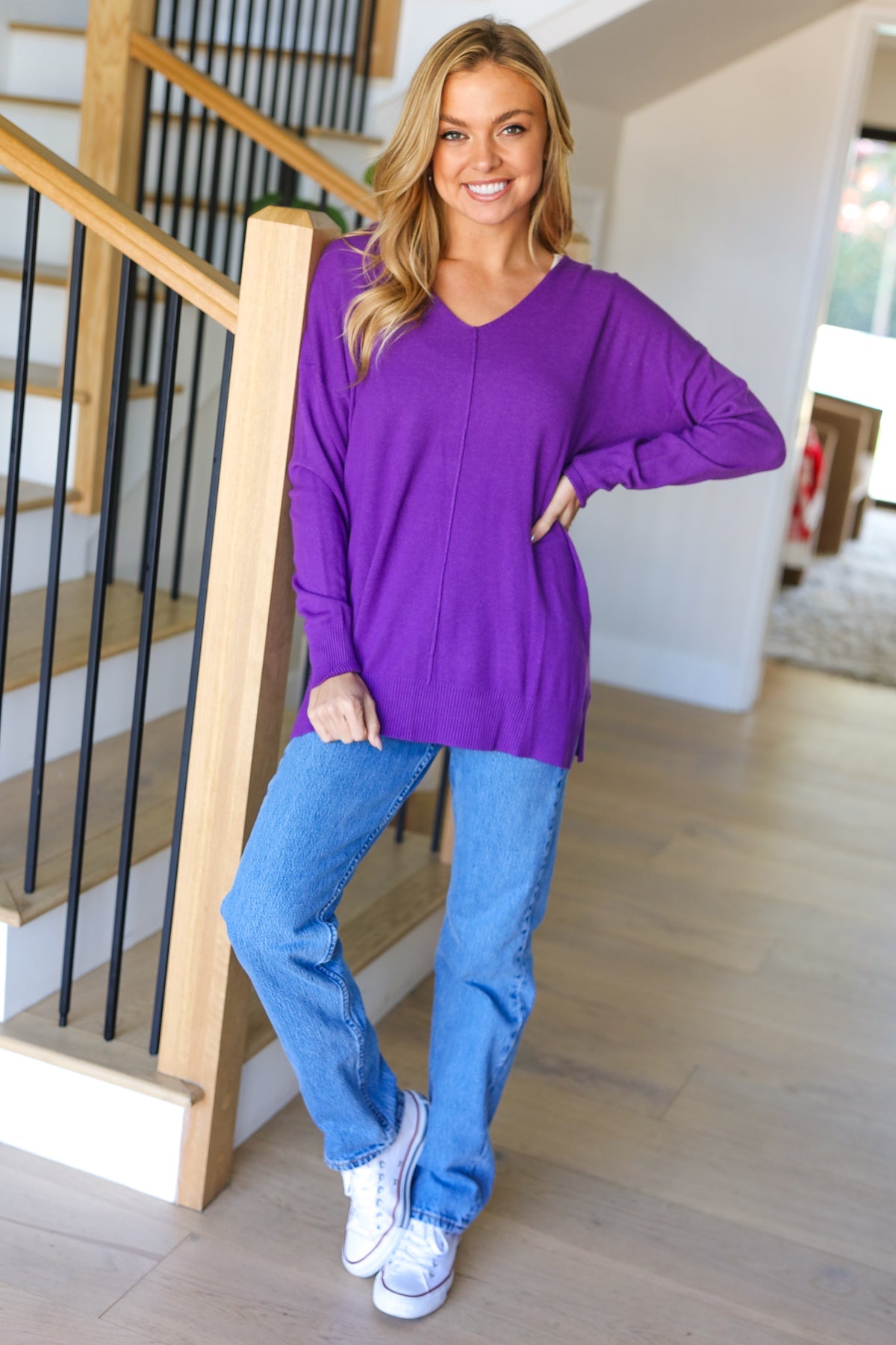 Just Feels Right Purple Front Seam V Neck Sweater