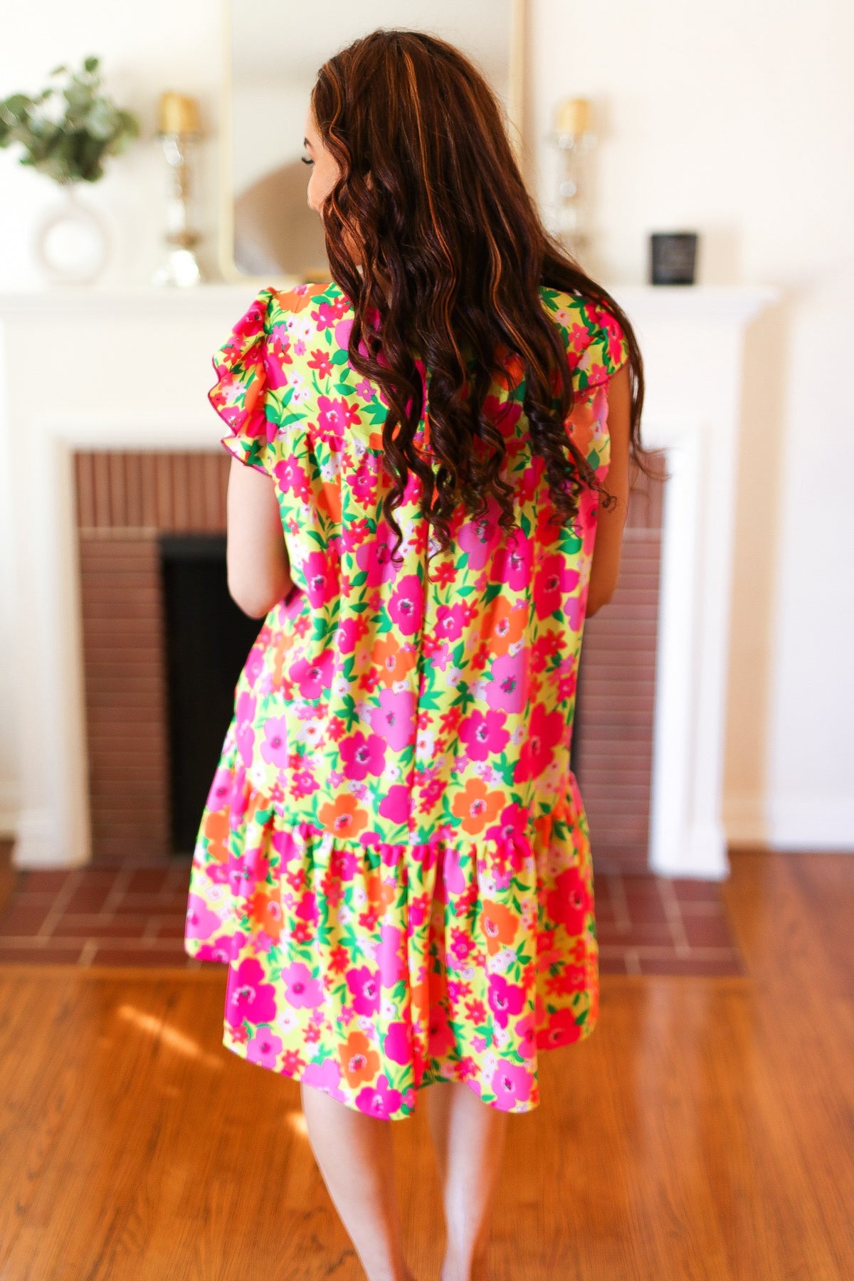 Be Charming Lime & Pink Floral Print Tiered Ruffle Sleeve Dress