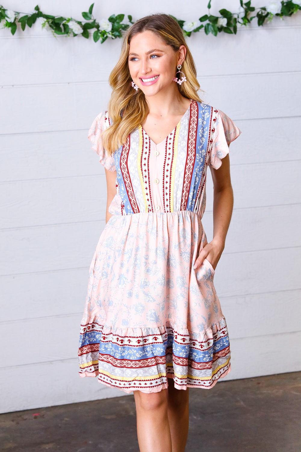 Peach Boho Floral Button Detail V Neck Ruffle Dress