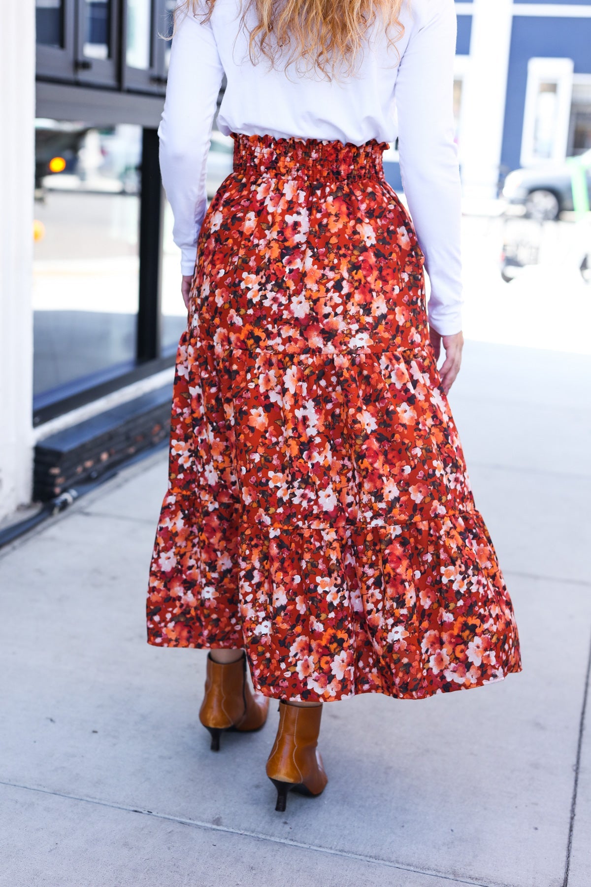 Casual Living Rust Floral Tiered Smocked Waist Midi Skirt