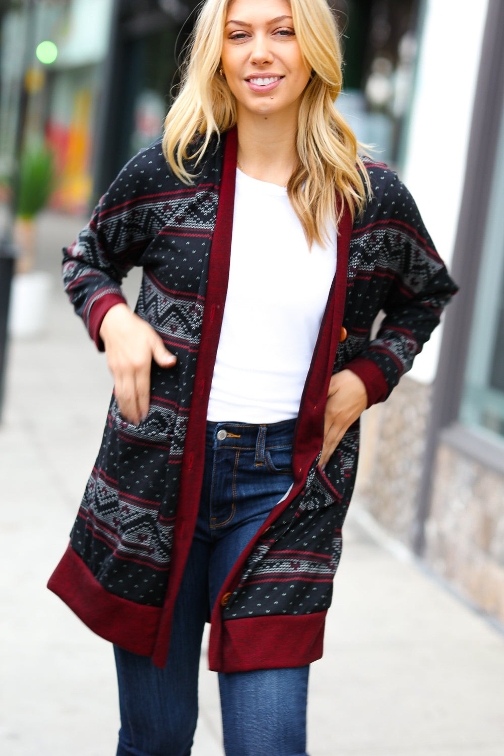 Classic Burgundy Holiday Print Button Cardigan