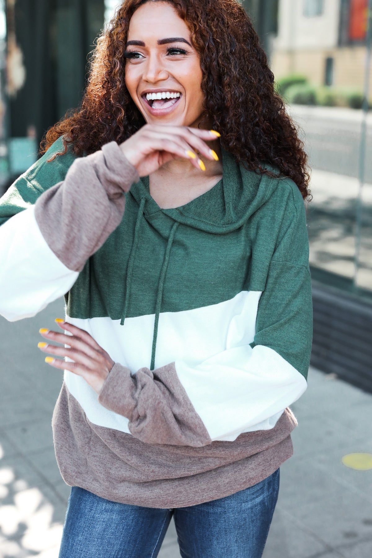 Feeling Joyful Olive & Ivory Color Block Hacci Knit Hoodie