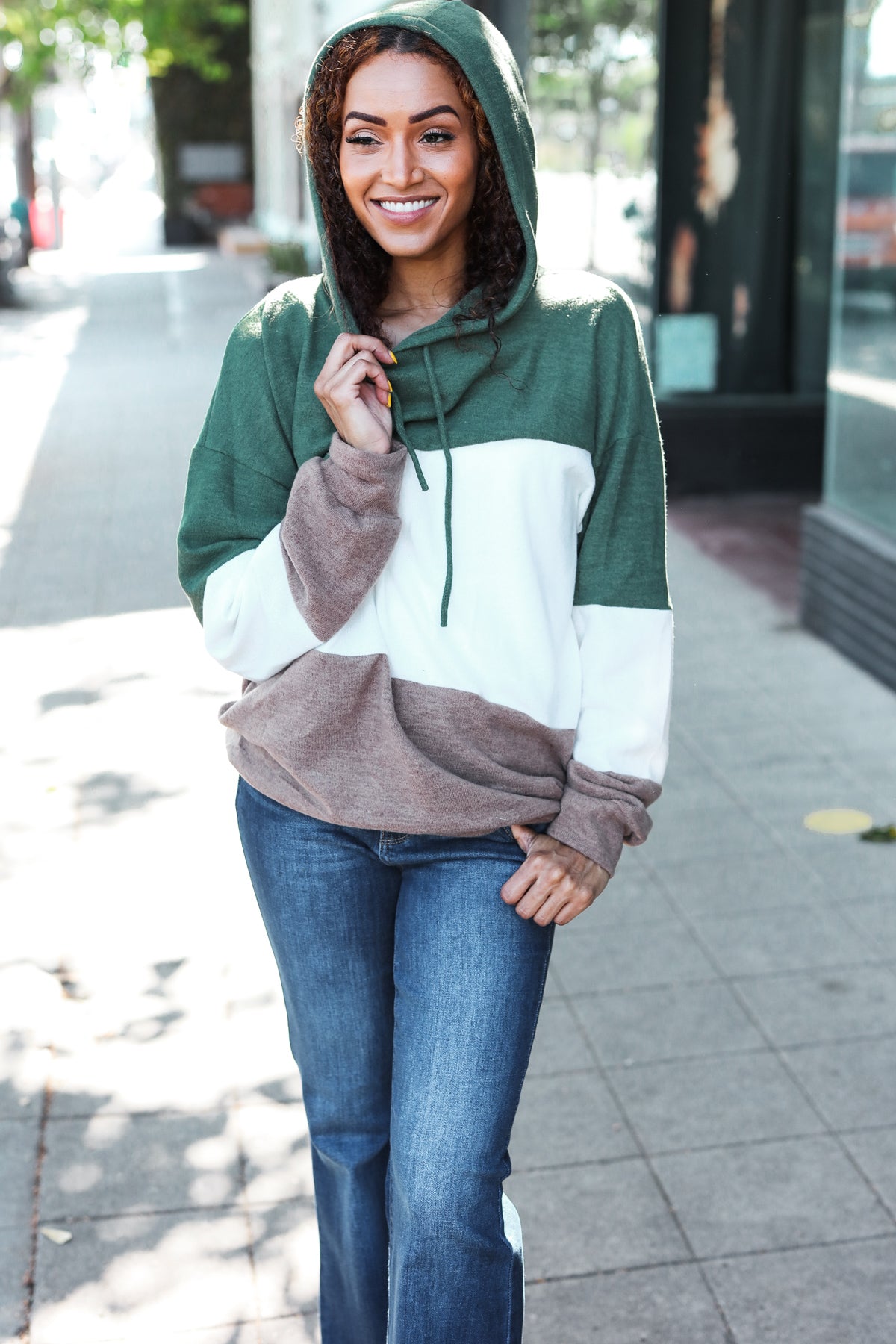 Feeling Joyful Olive & Ivory Color Block Hacci Knit Hoodie