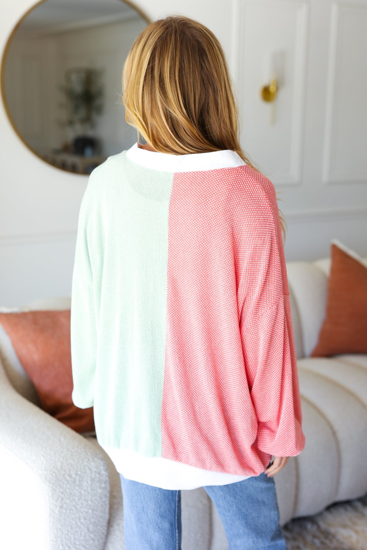 Cozy Up Coral & Sage Two Tone Jacquard Knit Color Block Cardigan
