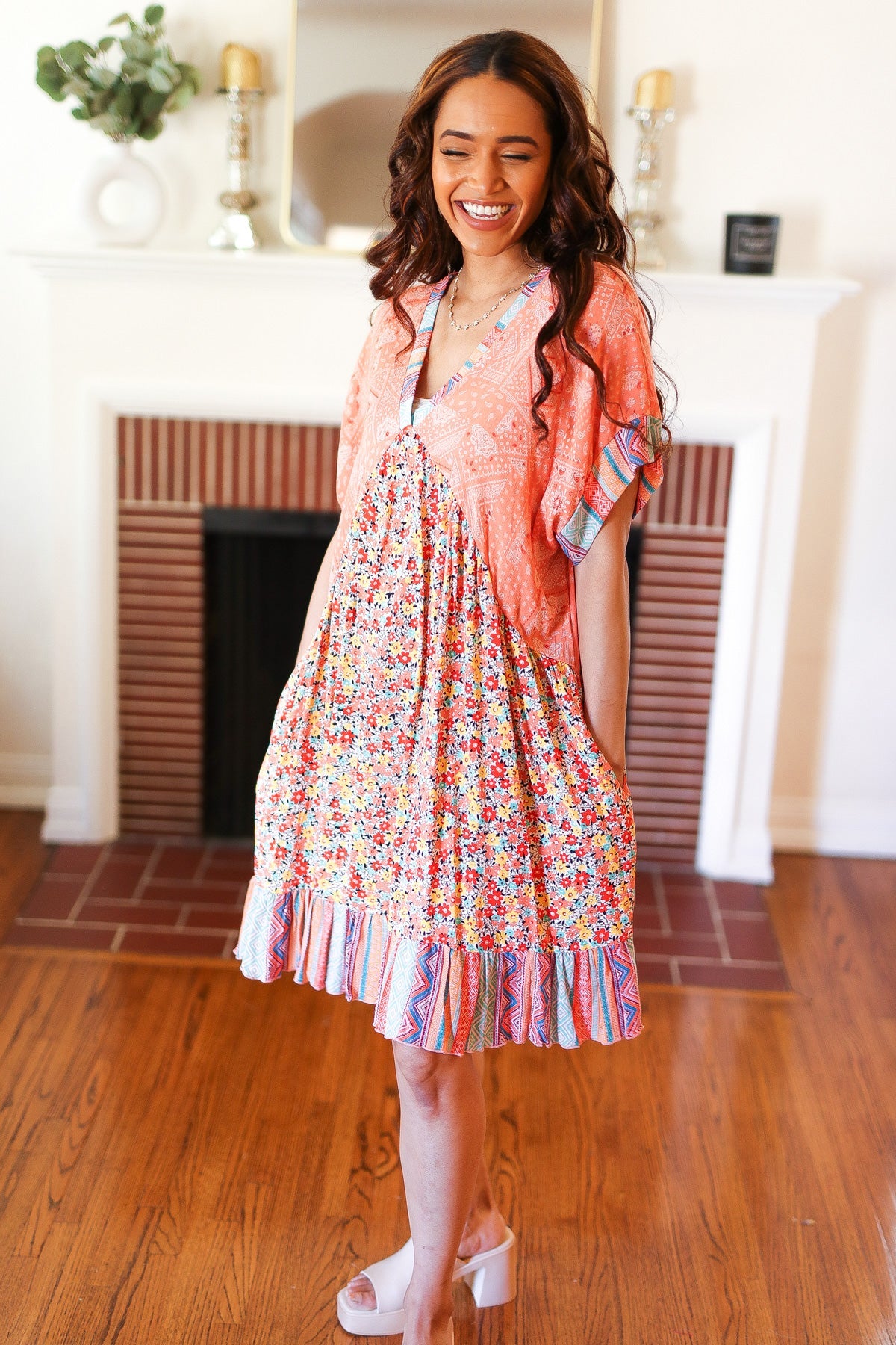 Apricot Boho Flower Colorblock V Neck Dress
