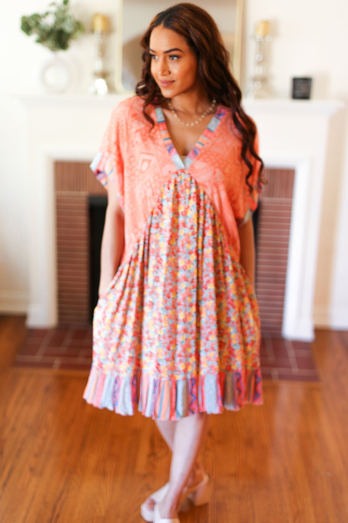 Apricot Boho Flower Colorblock V Neck Dress