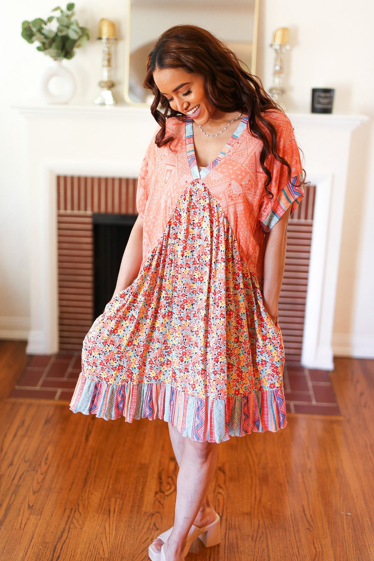 Apricot Boho Flower Colorblock V Neck Dress