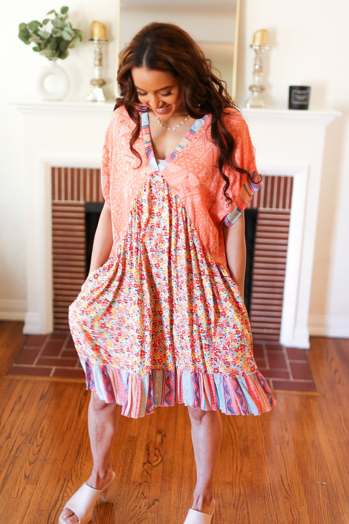 Apricot Boho Flower Colorblock V Neck Dress