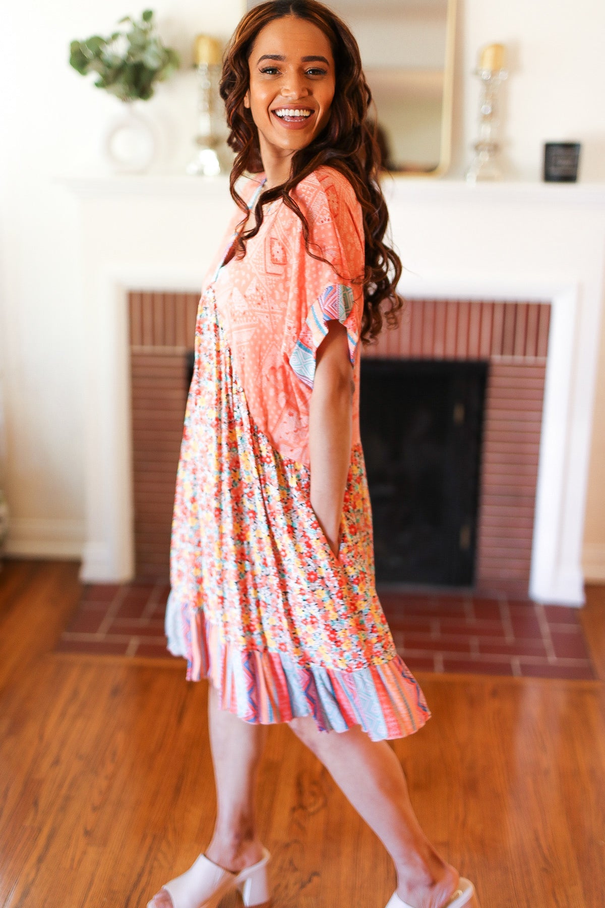 Apricot Boho Flower Colorblock V Neck Dress