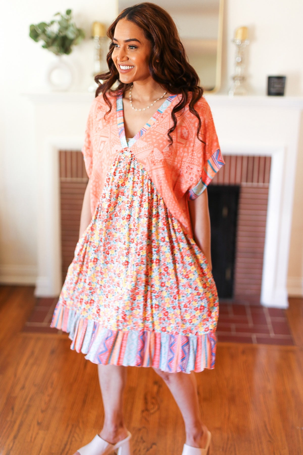 Apricot Boho Flower Colorblock V Neck Dress