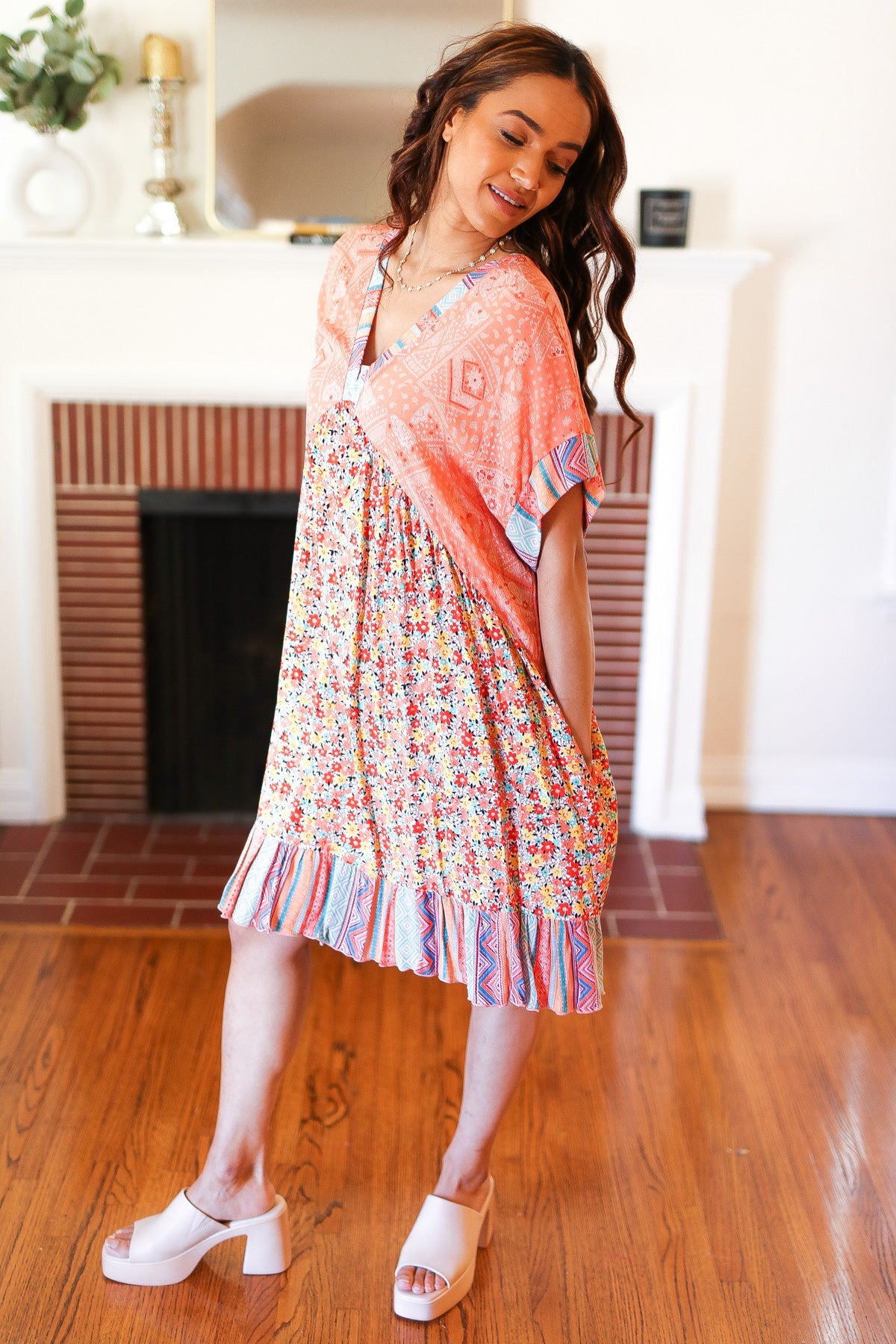 Apricot Boho Flower Colorblock V Neck Dress