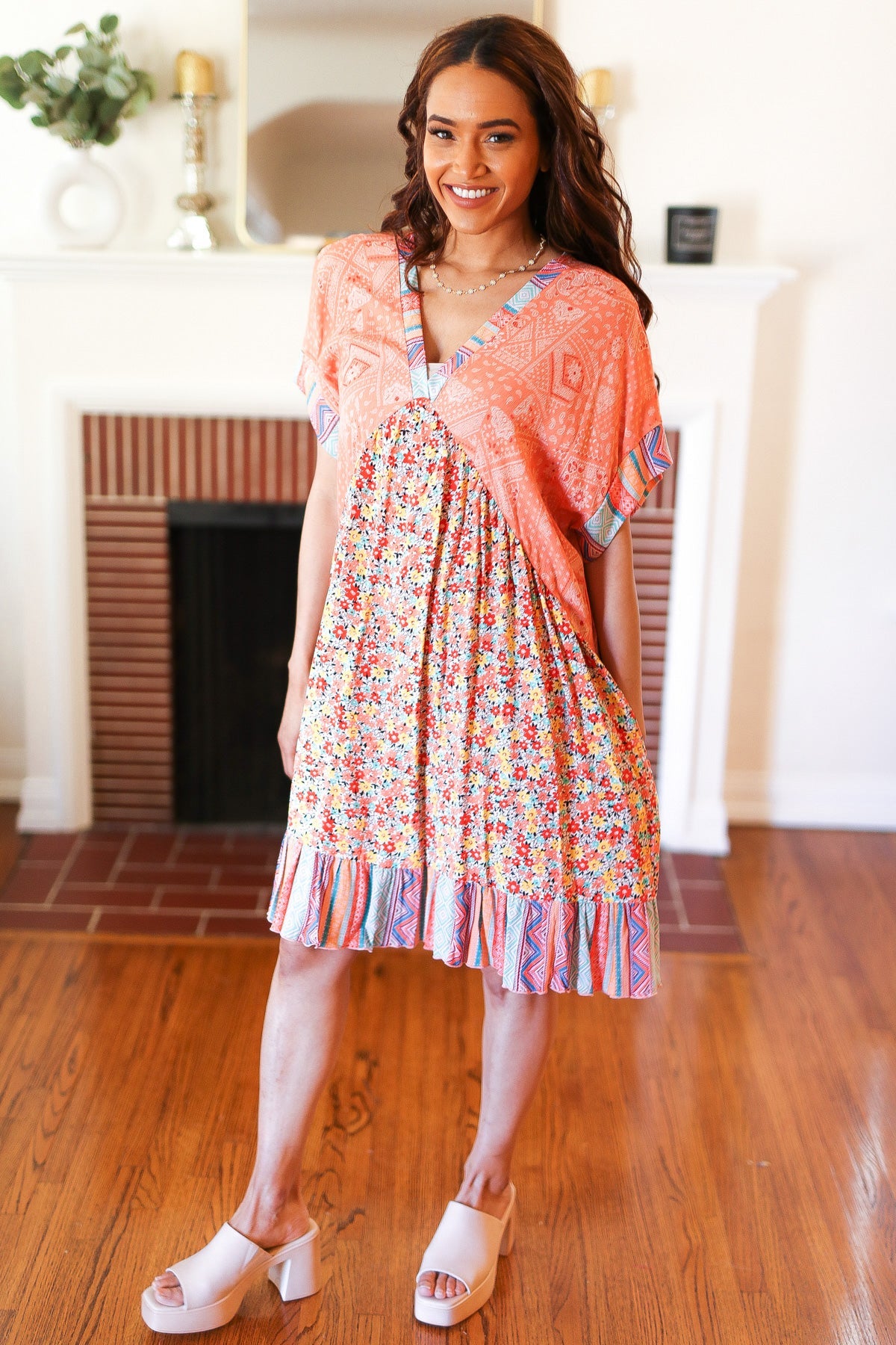 Apricot Boho Flower Colorblock V Neck Dress