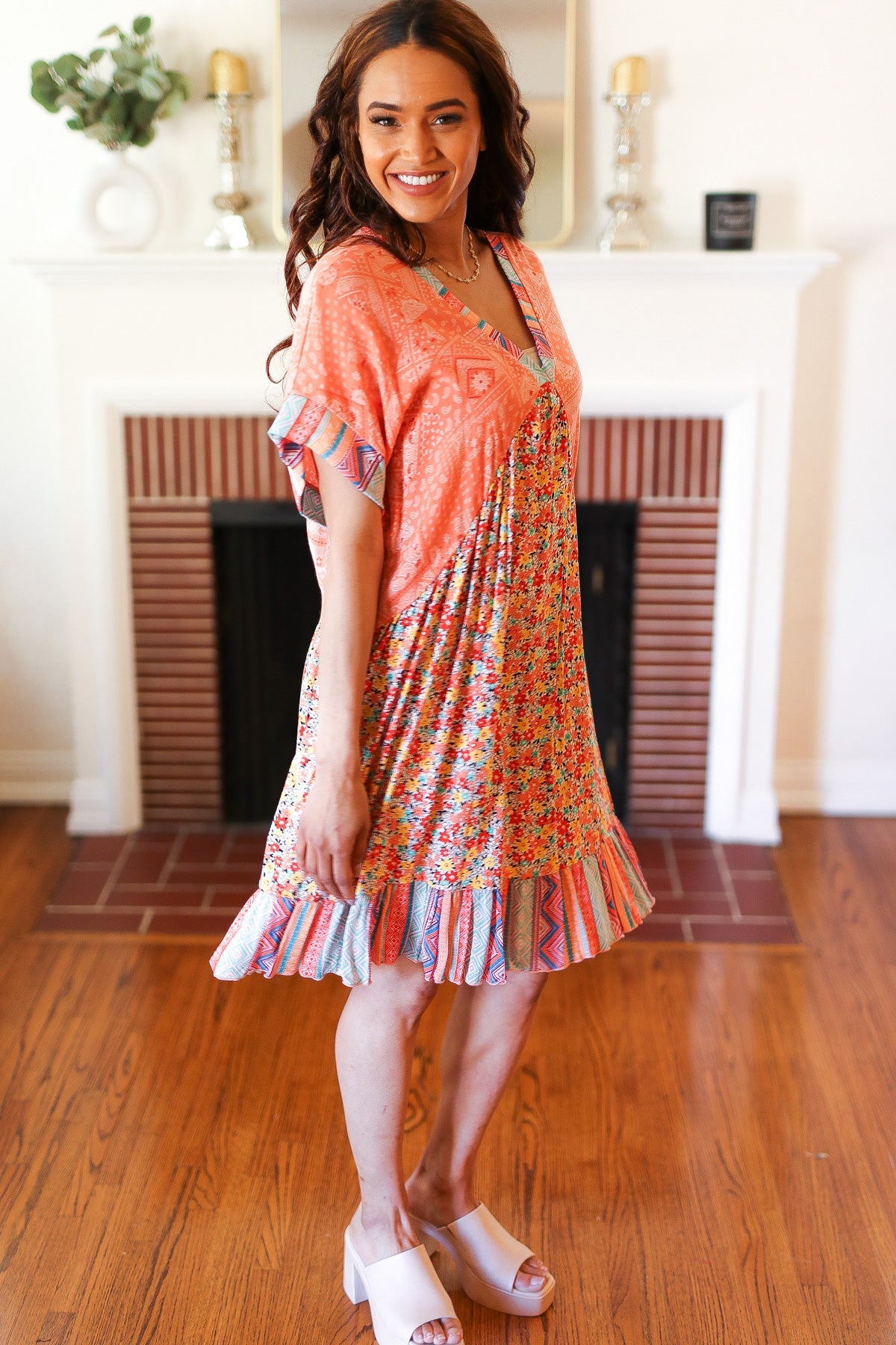 Apricot Boho Flower Colorblock V Neck Dress