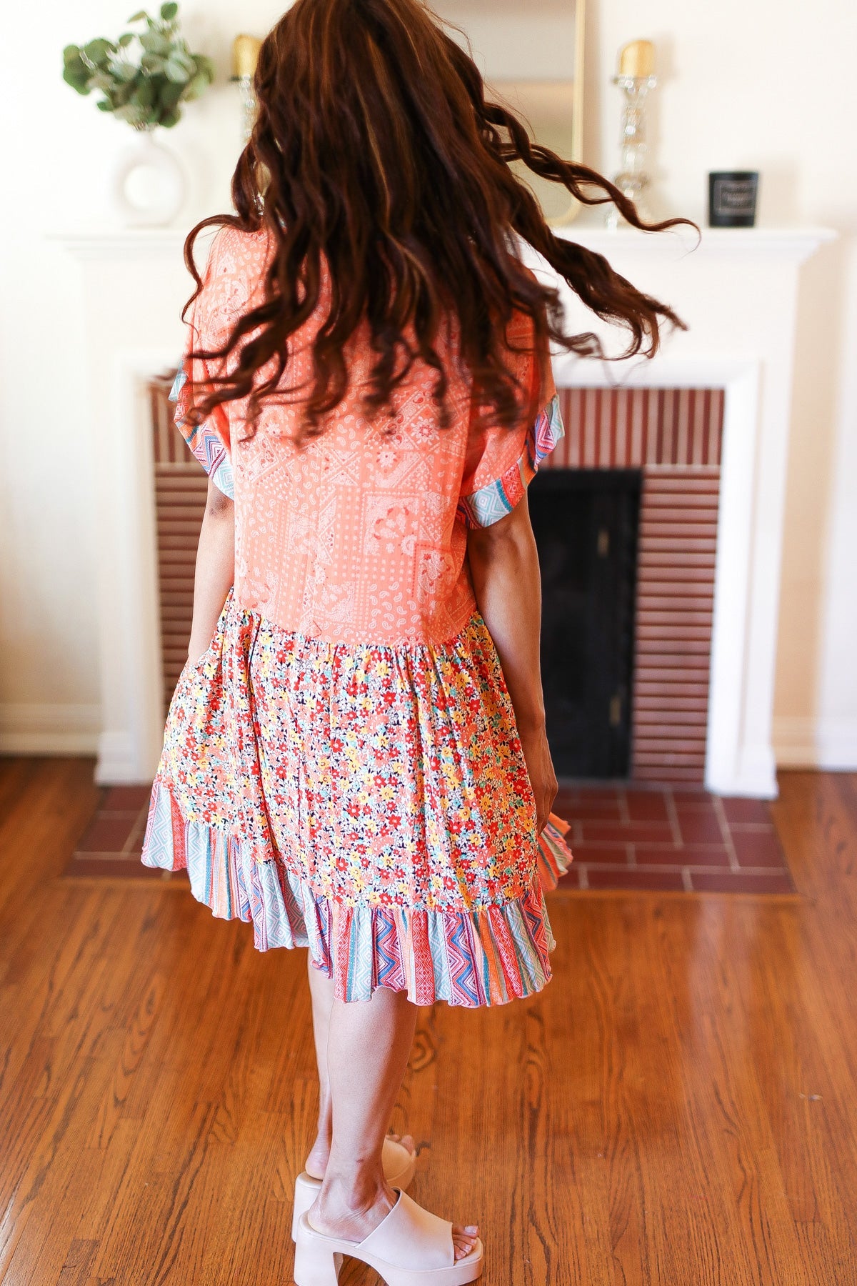 Apricot Boho Flower Colorblock V Neck Dress
